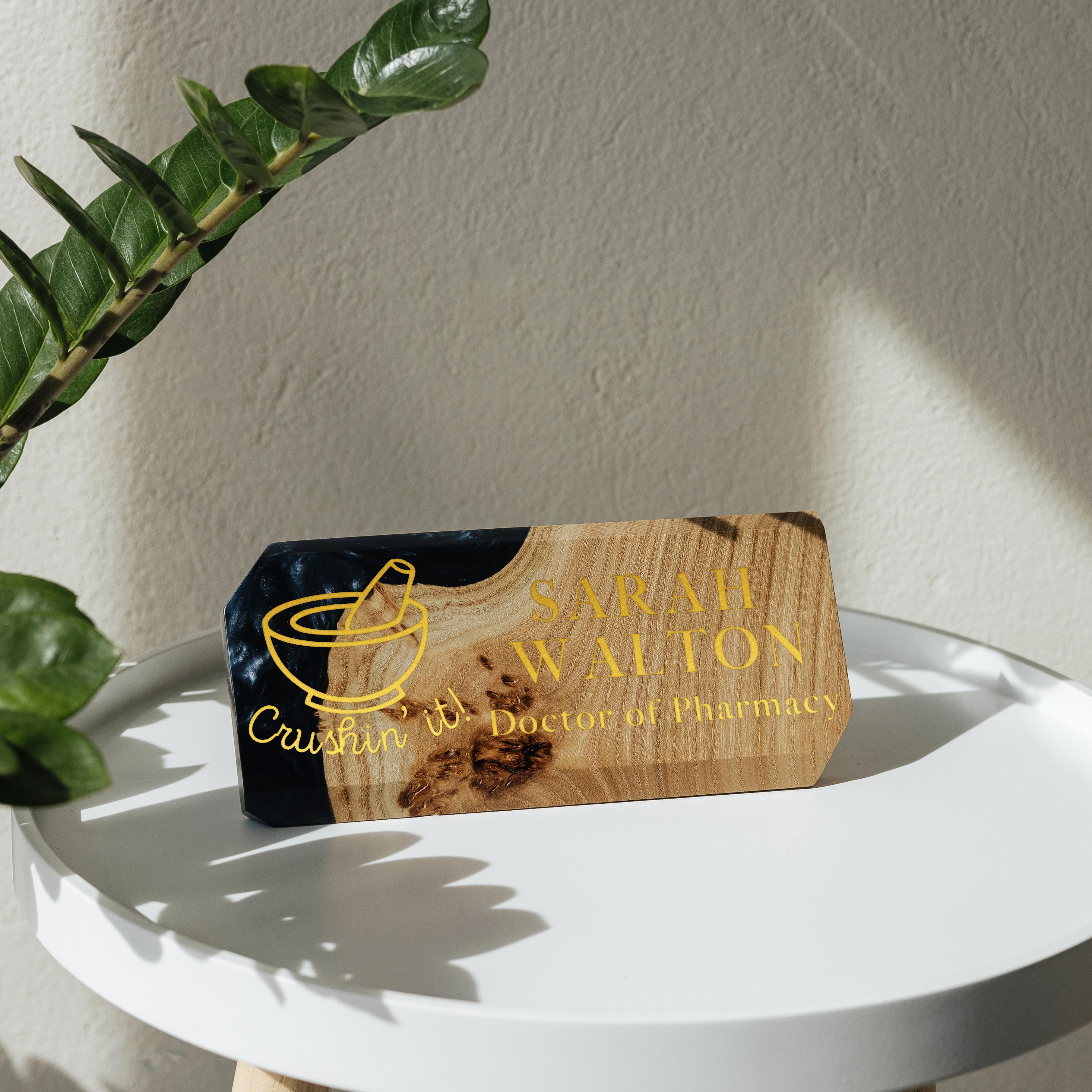 Personalized MODERN desk name plate handcrafted from elm wood and black epoxy resin