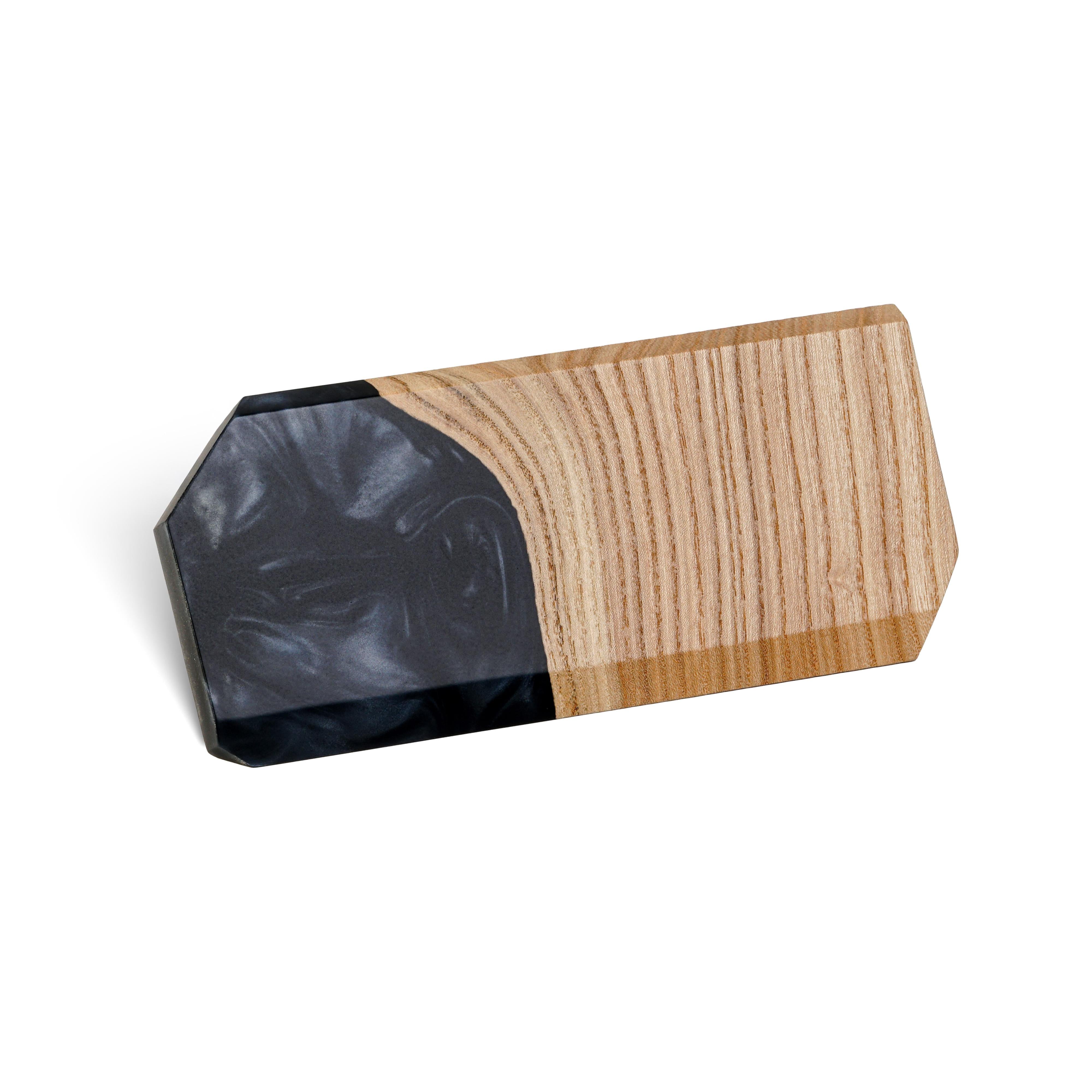 Top view of the personalized MODERN desk name plate made from elm wood and black epoxy resin