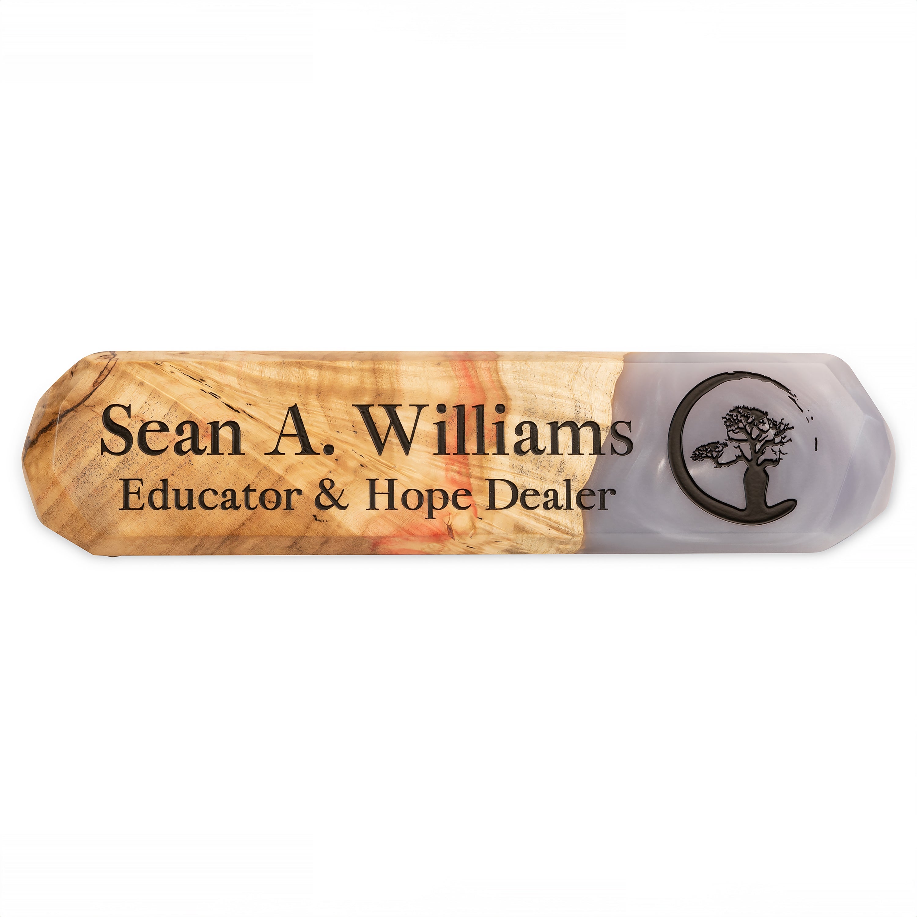 Close-up of the personalized desk name plate handcrafted from maple wood and platinum epoxy resin