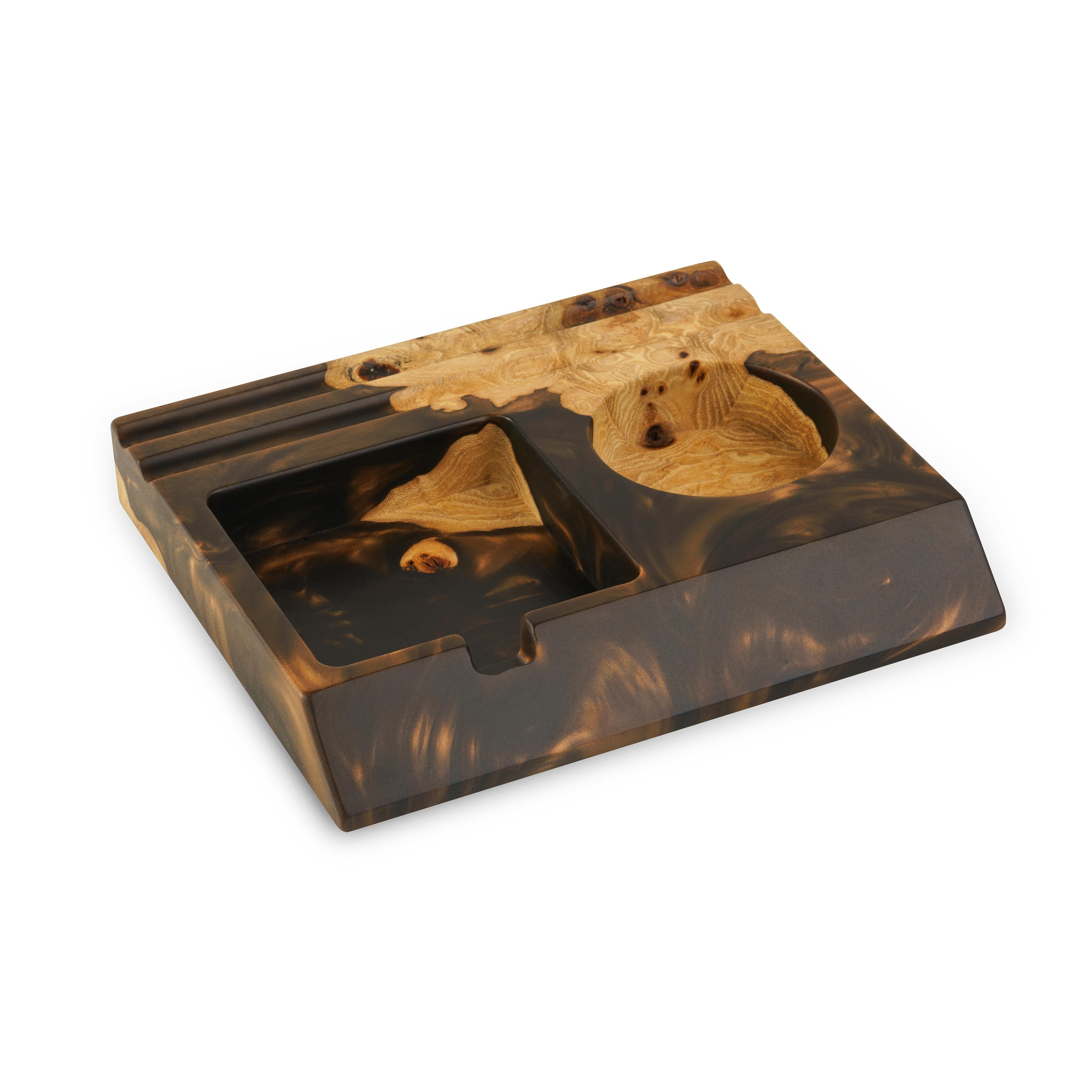 Personalized wood desk organizer handcrafted from elm wood and black epoxy resin with phone stand