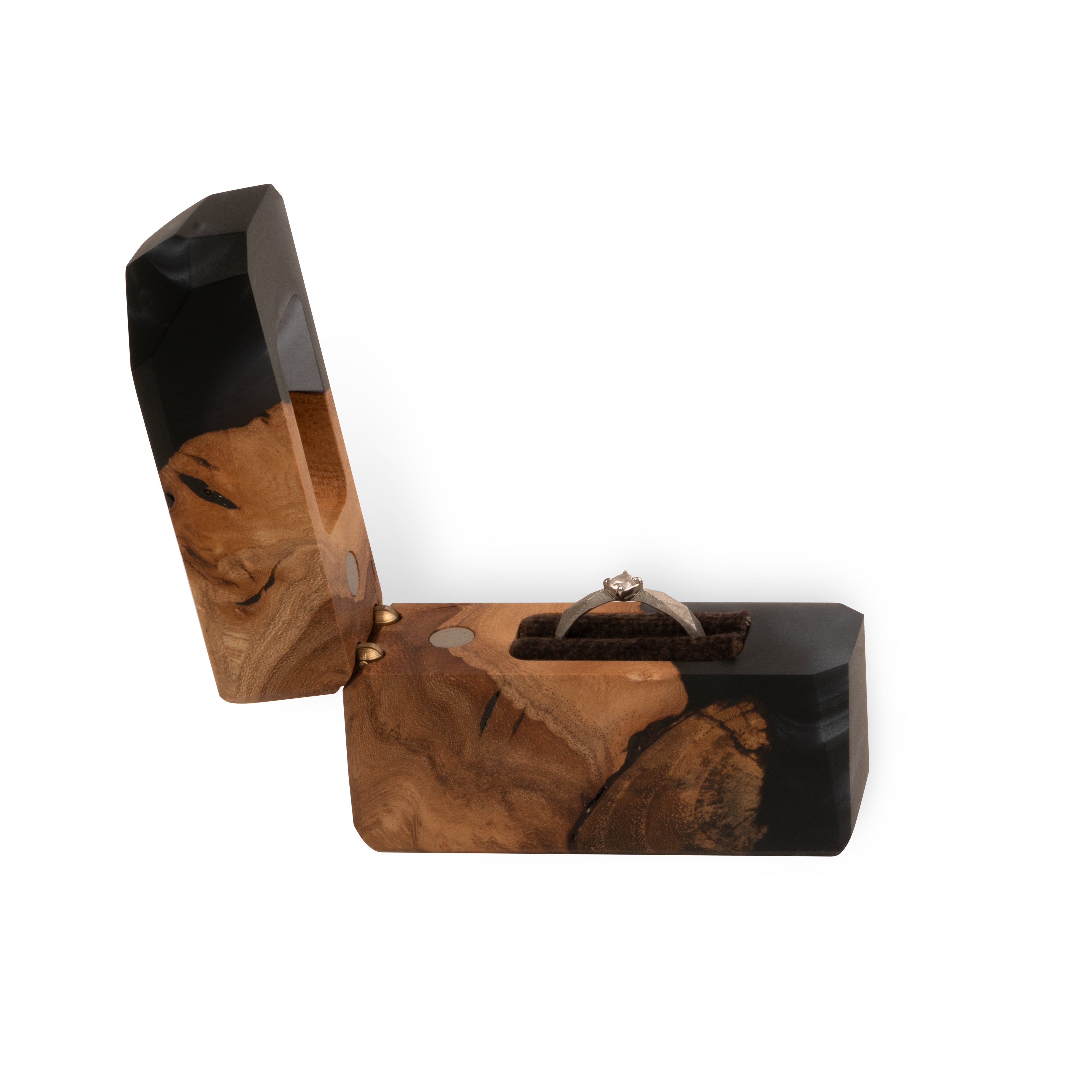 Premium black epoxy and elm wood engagement ring box shown open with the ring compartment visible