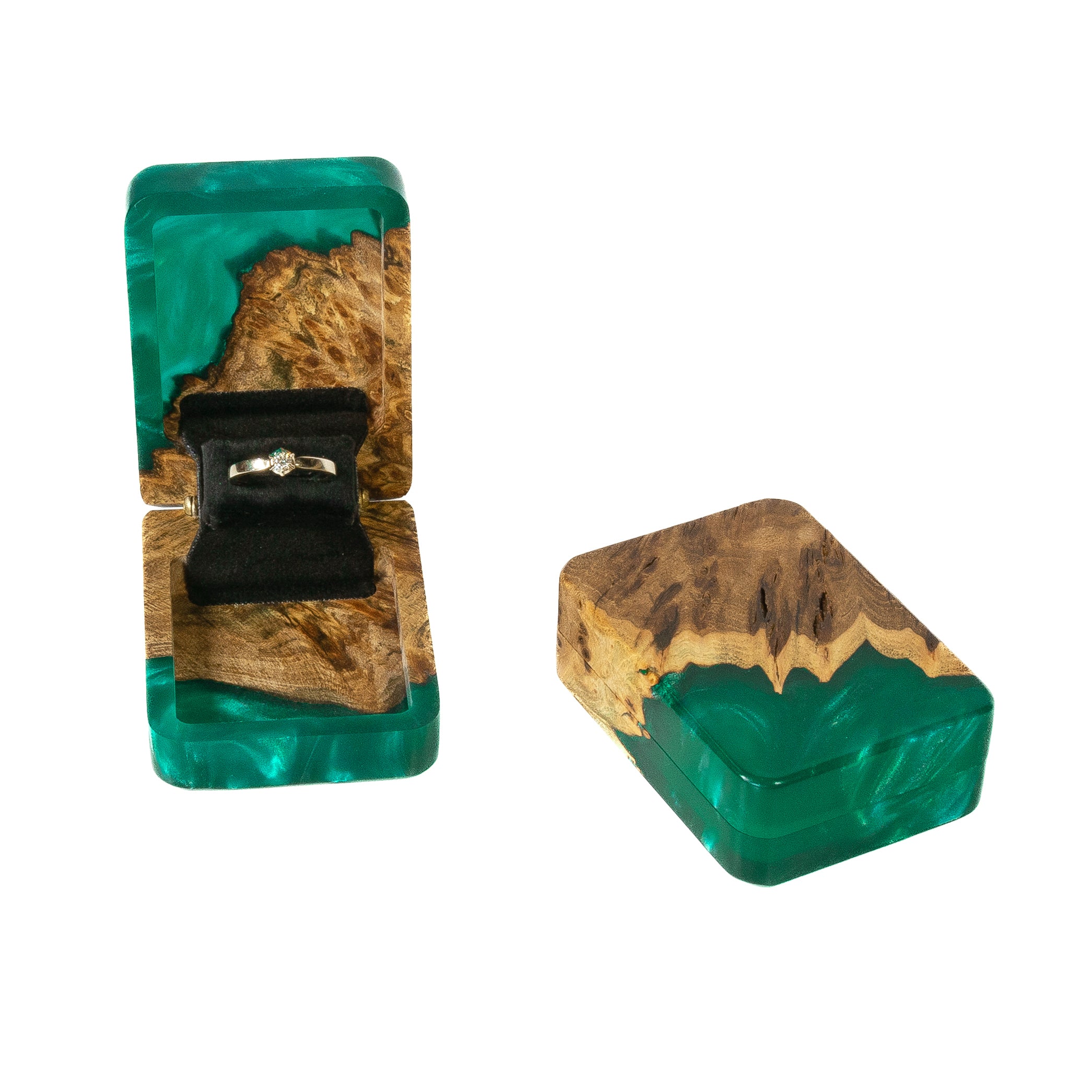 Premium green epoxy and elm wood engagement ring box shown open with the matching lid beside it
