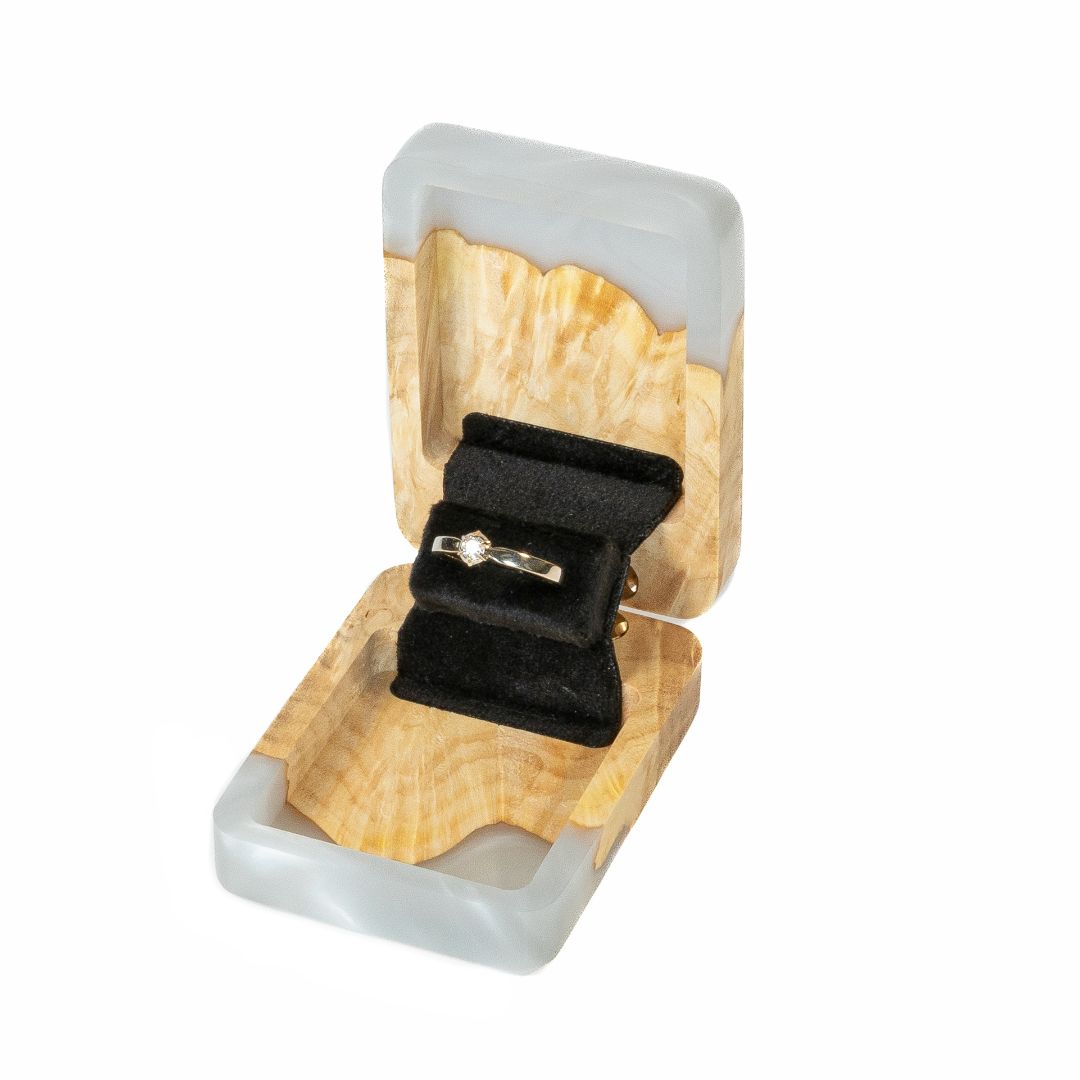 Premium platinum epoxy and maple wood engagement ring box photographed with the lid open
