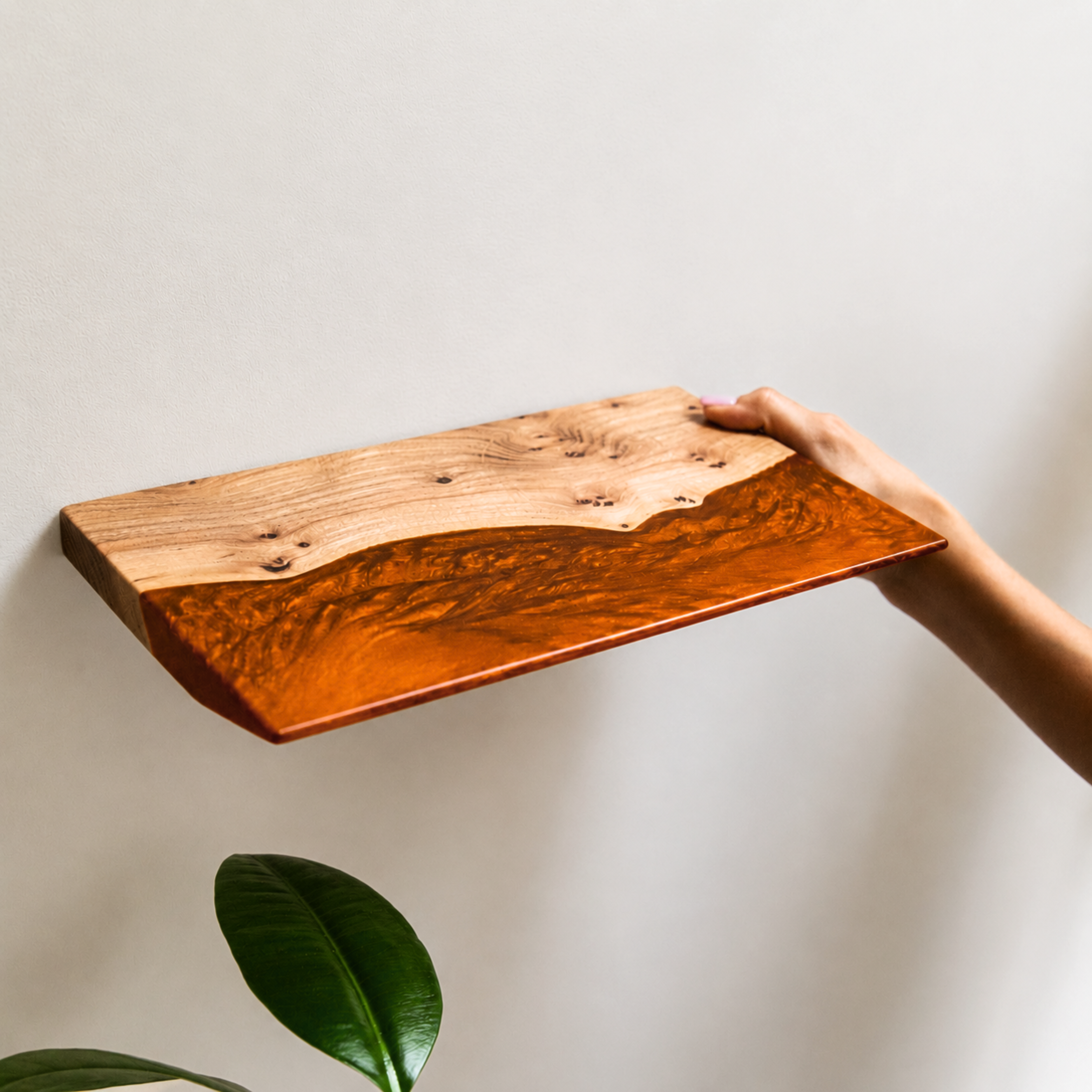 Amber Epoxy & Elm Wood - Live Edge Floating Shelf