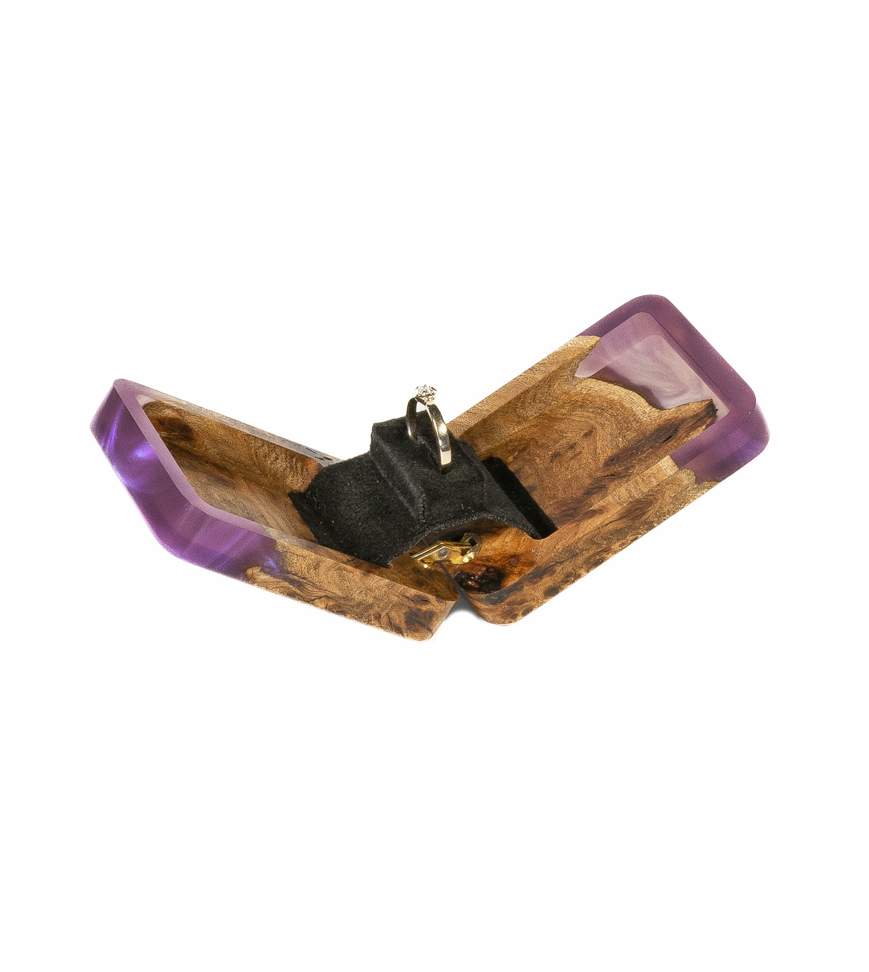 Side profile of the open purple epoxy and elm wood engagement ring box