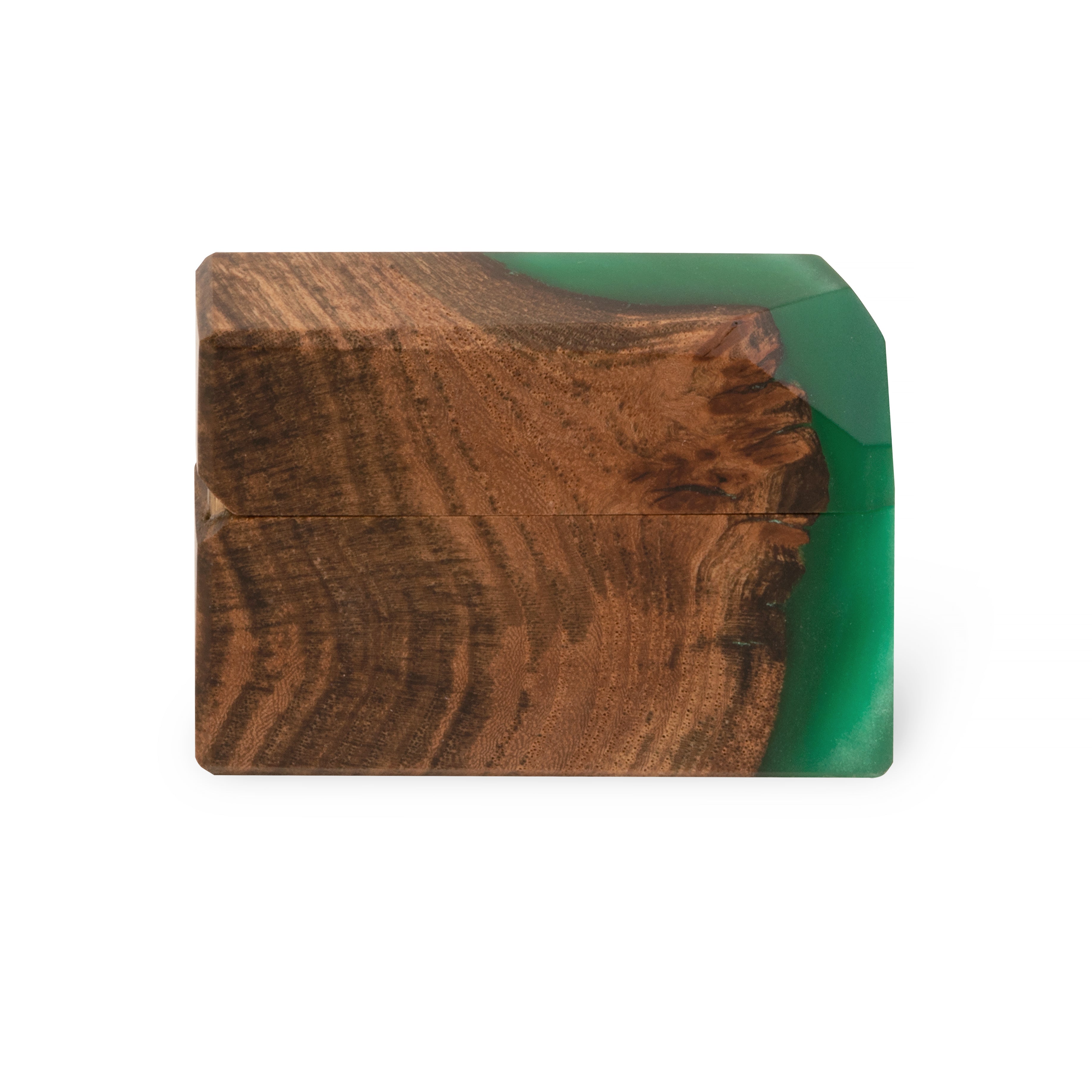 Close-up of the elm wood grain and translucent green epoxy on the FLASH proposal ring box