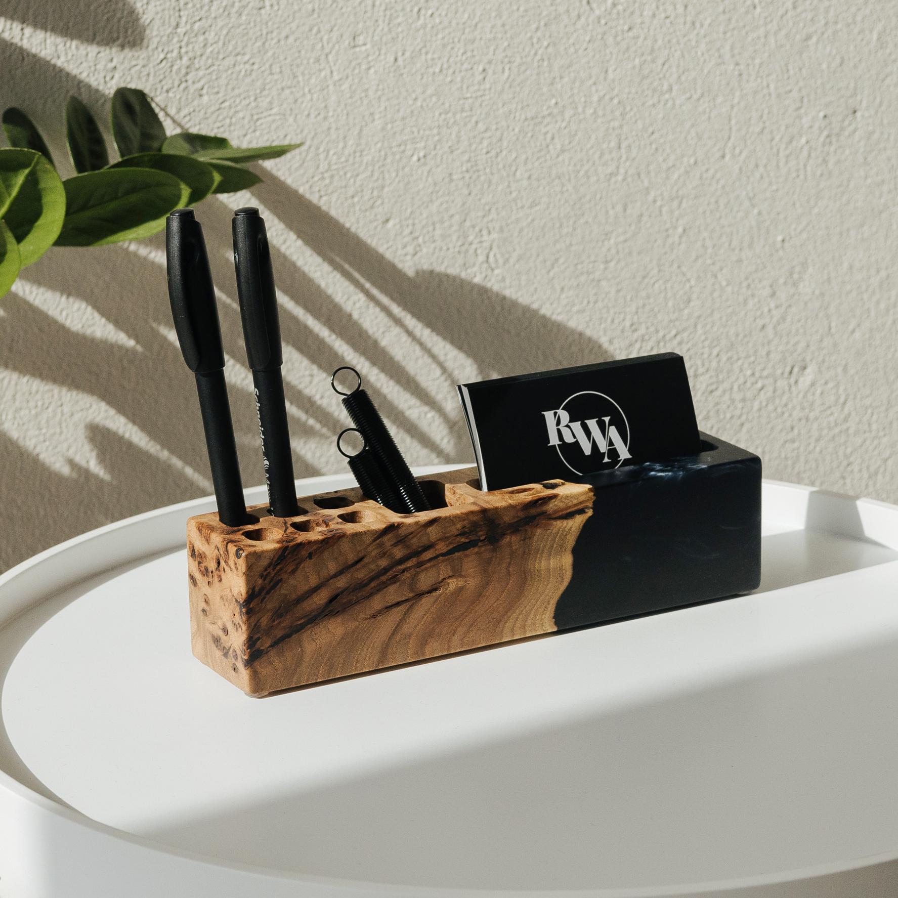 Wooden desk organizer with phone stand and pen holder handcrafted from elm wood and black epoxy resin