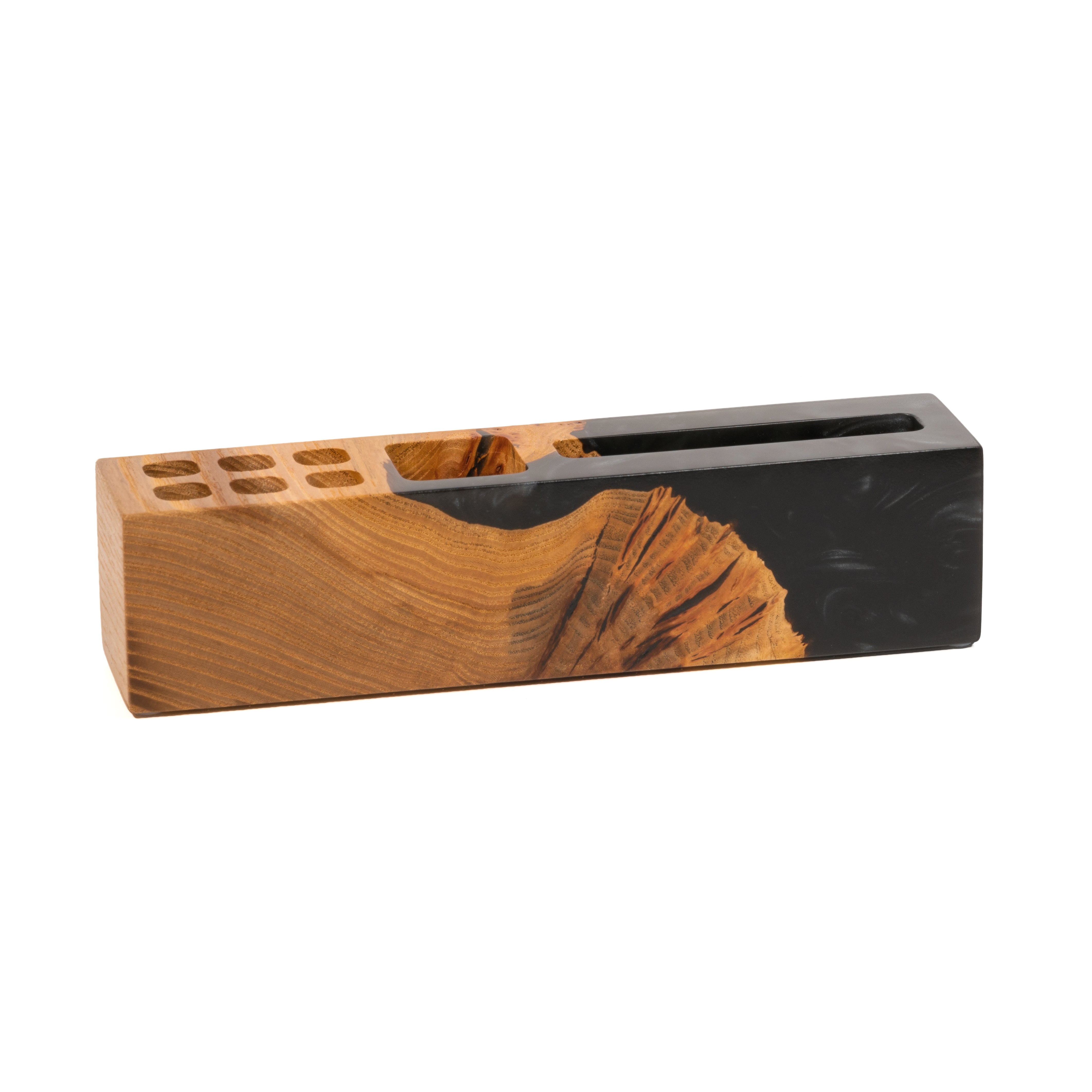 Top view of the ELEMENT wood desk organizer handcrafted from elm wood and black epoxy resin