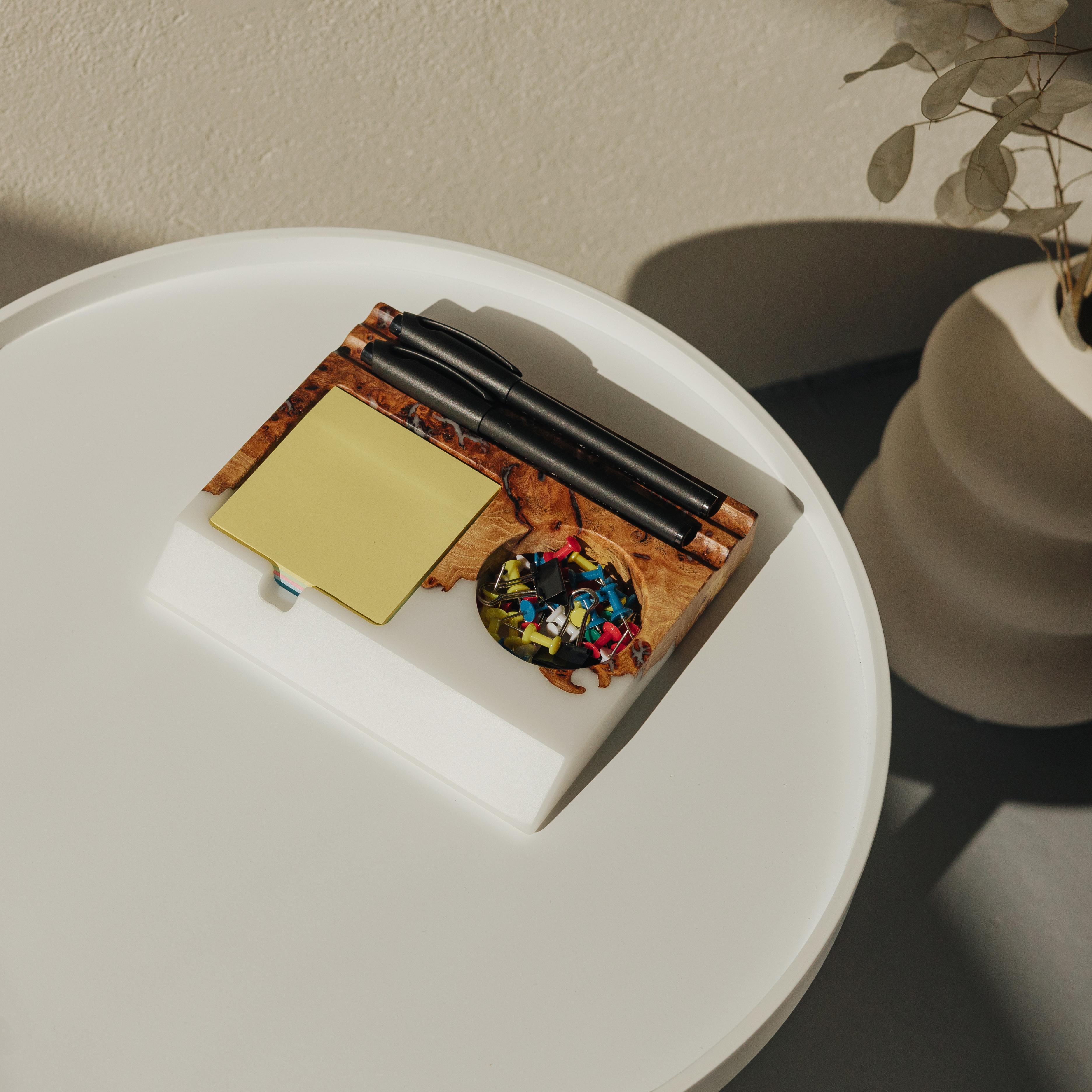 Modern wood desk organizer crafted from white epoxy resin and elm wood with phone stand and pen holder
