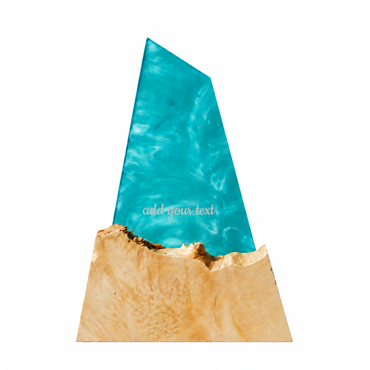 Aqua blue epoxy award plaque on a pale maple burl base with an 'add your text' engraving placeholder