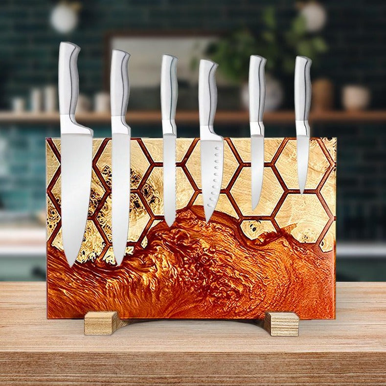 Amber Pearl Epoxy Resin & Wood Magnetic Knife Block UNIVERSE – countertop