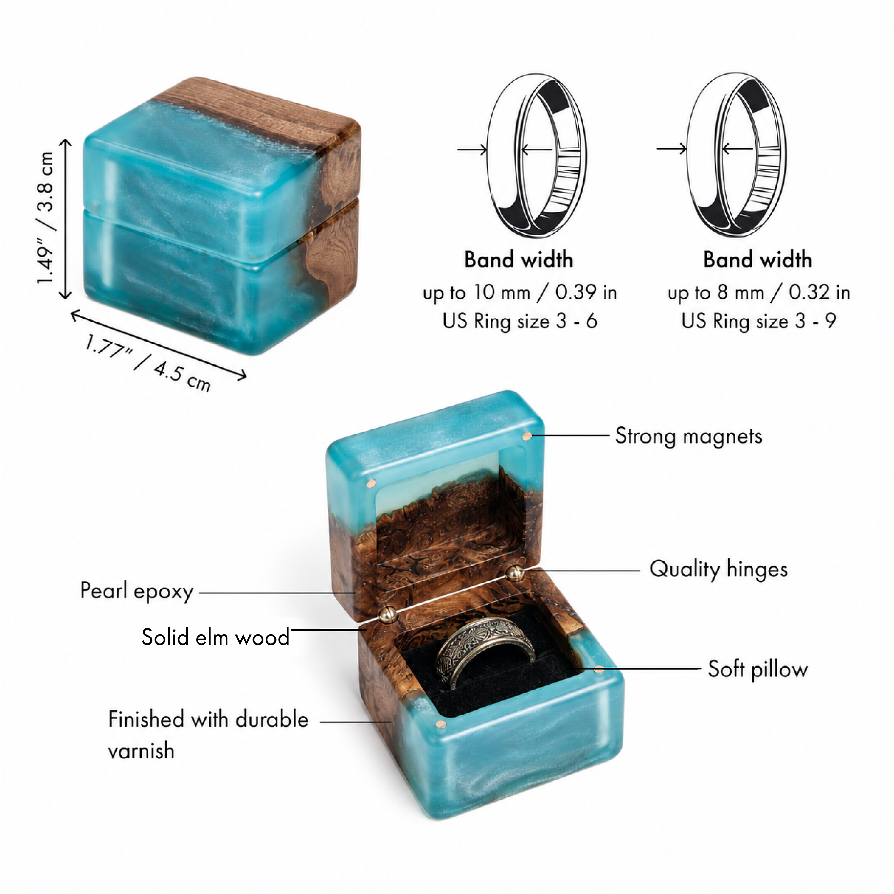 Aqua blue ring box spec sheet: 1.77 x 1.49 in, band width limits, magnets, hinges, soft pillow