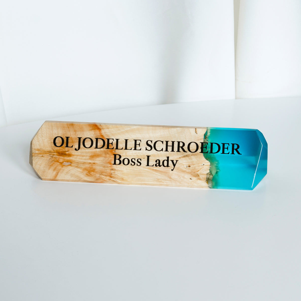 Custom Desk Name Plate – Aqua Blue Epoxy & Maple Wood – IDENTITY
