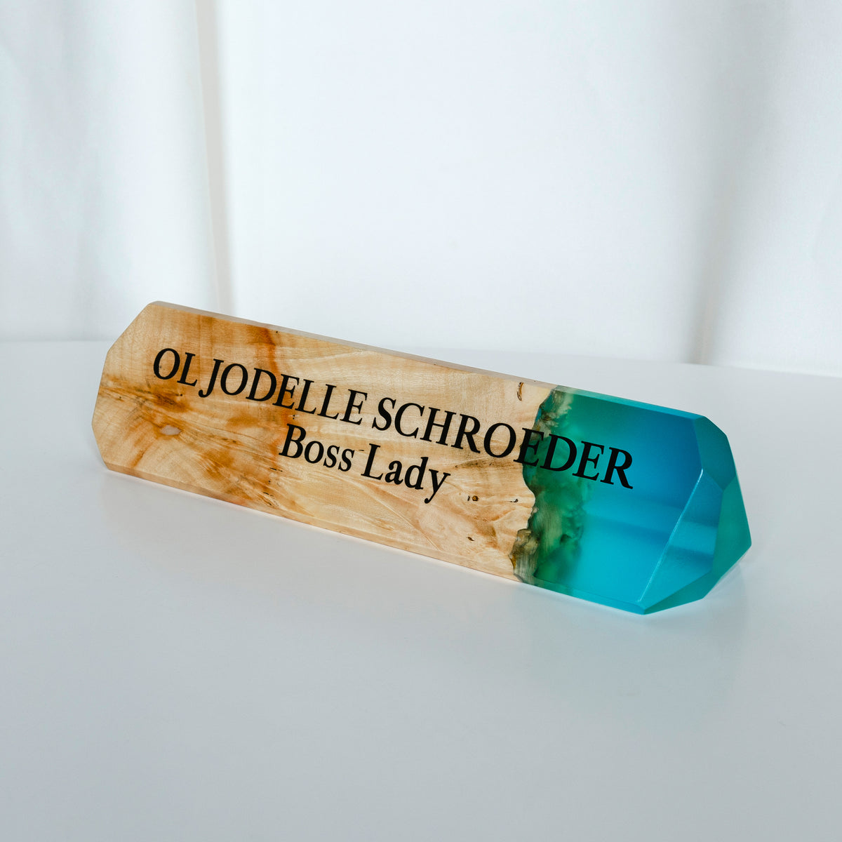 Custom Desk Name Plate – Aqua Blue Epoxy & Maple Wood – IDENTITY