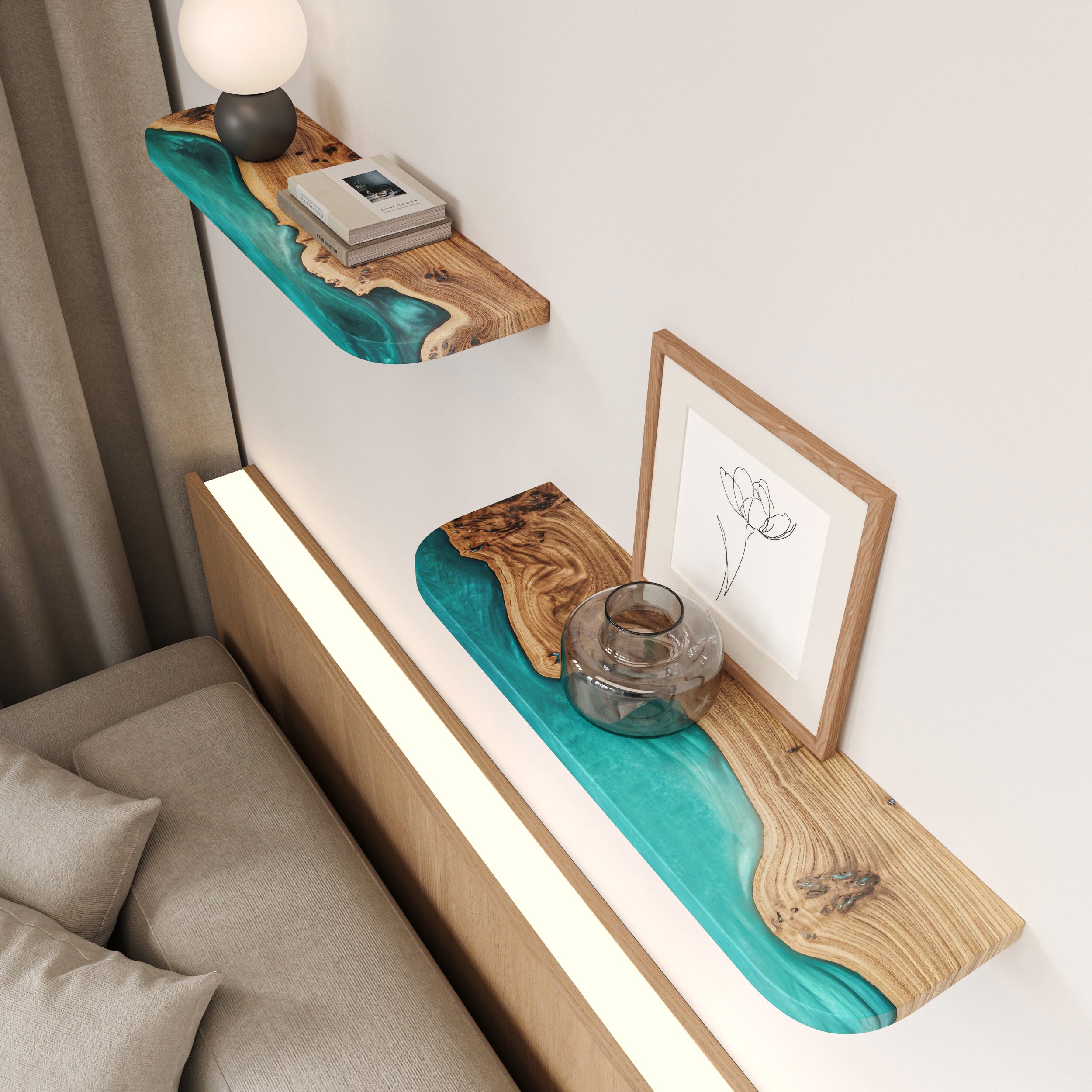 Sky Blue Epoxy & Elm Dark Wood - Live Edge Floating Shelf