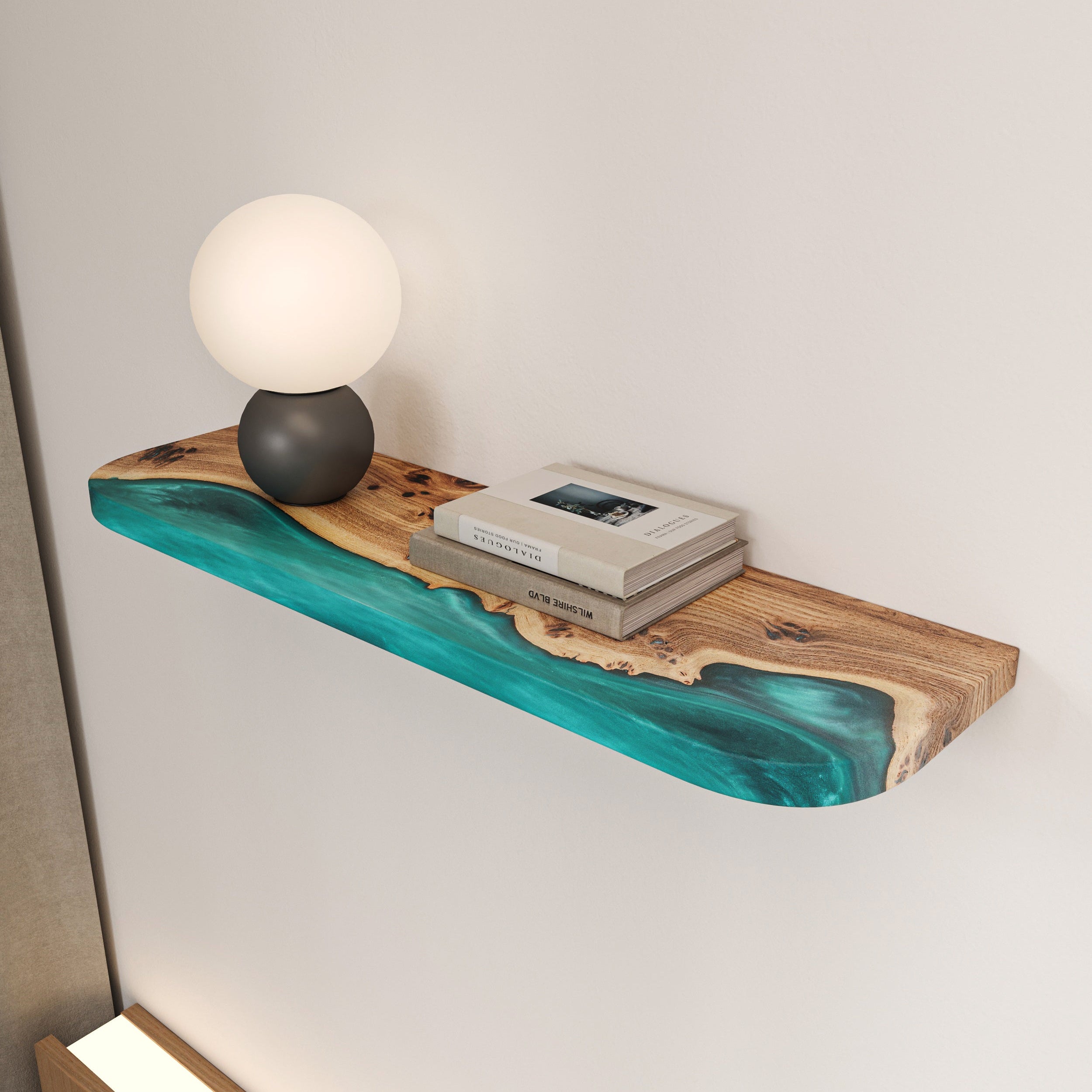Sky Blue Epoxy & Elm Dark Wood - Live Edge Floating Shelf