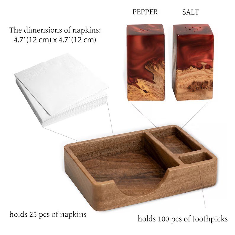 Wood & Resin Salt and Pepper Shaker Caddy Set – Elm Ruby