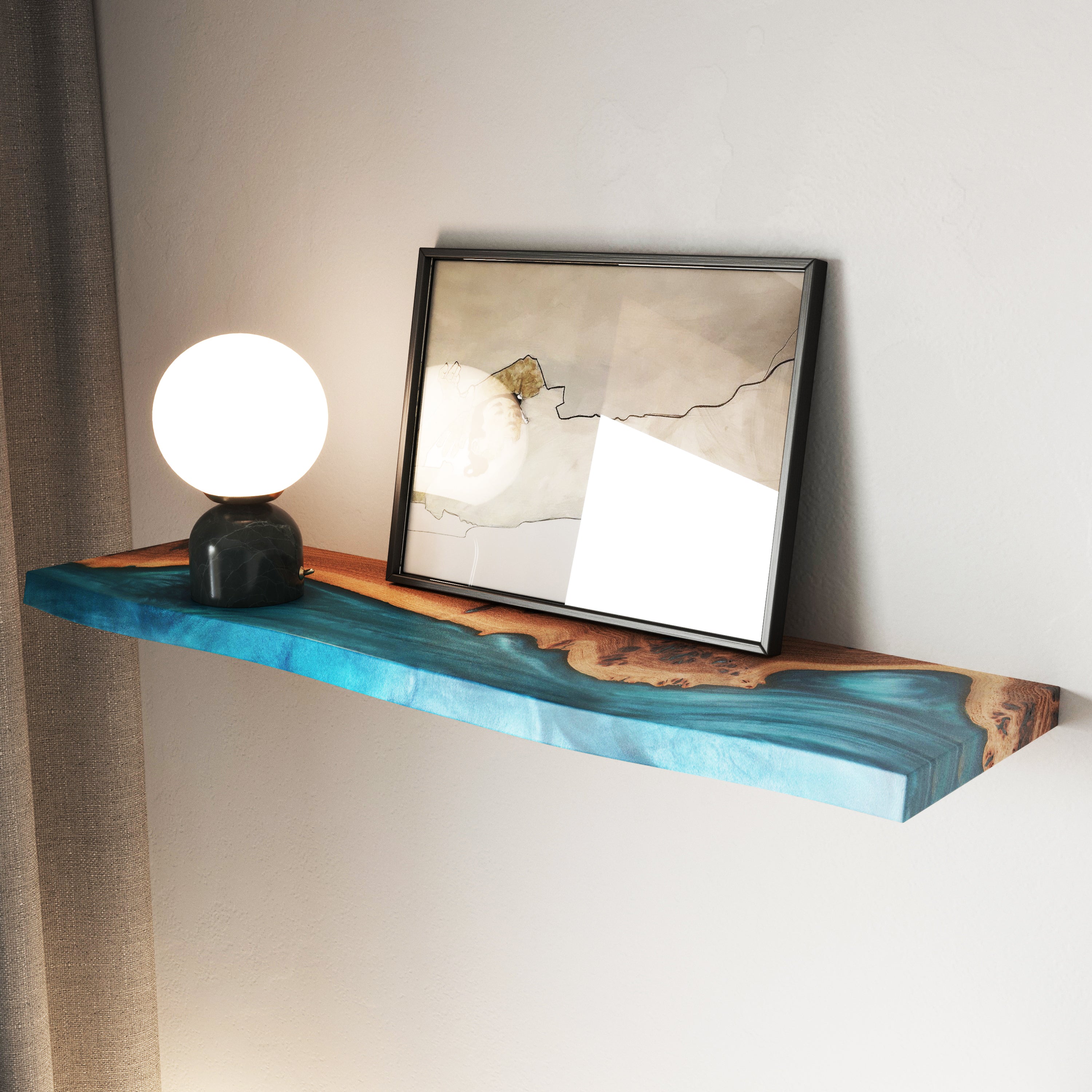 Sky Blue Epoxy & Dark Wood Floating Shelf