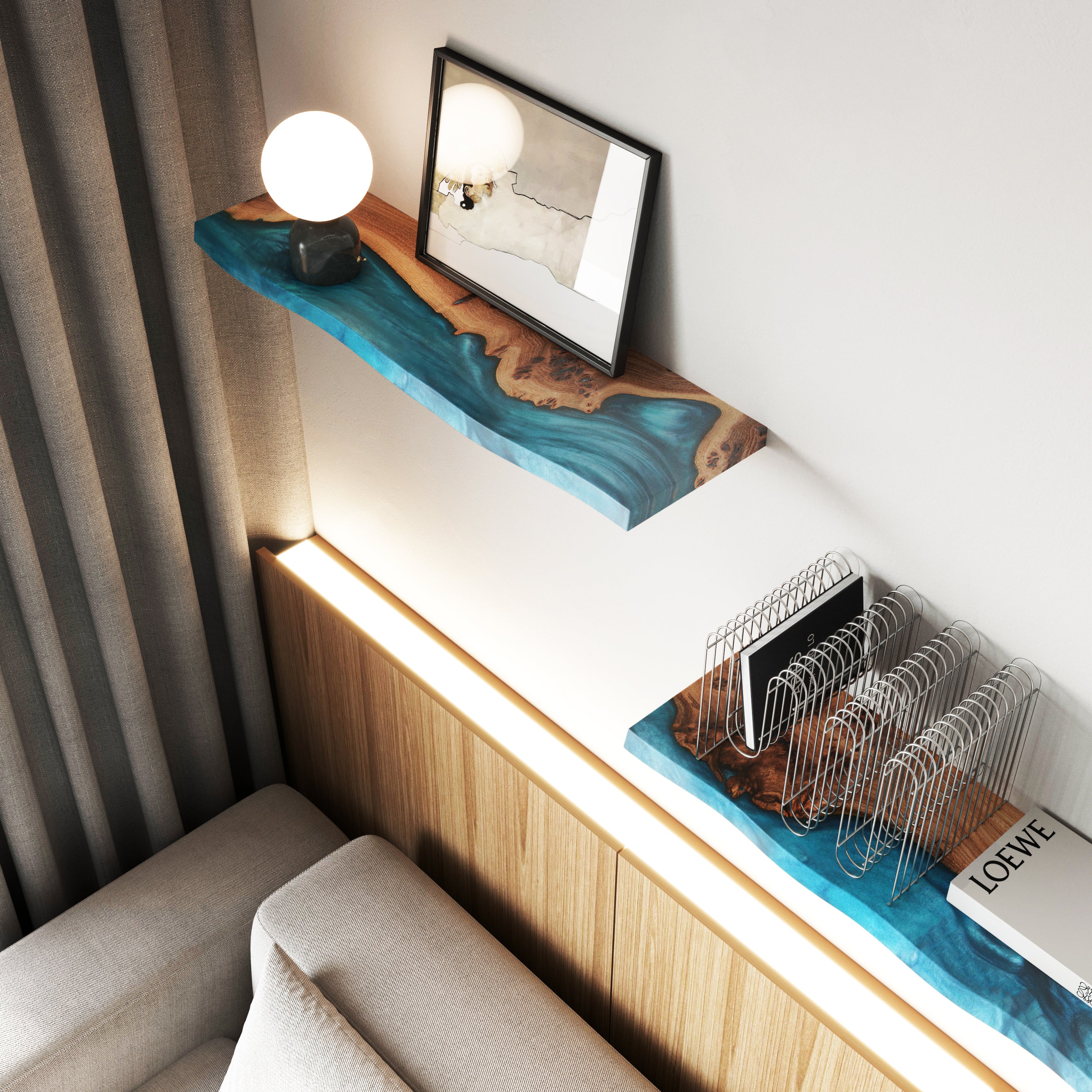 Sky Blue Epoxy & Dark Wood Floating Shelf