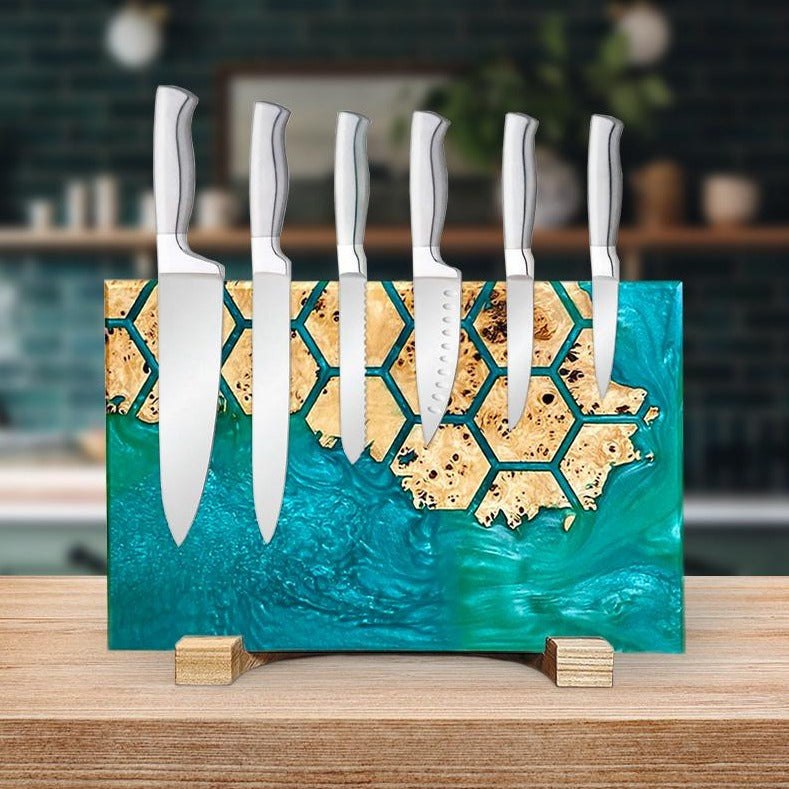 Green Pearl Epoxy Resin & Wood Magnetic Knife Block UNIVERSE – countertop