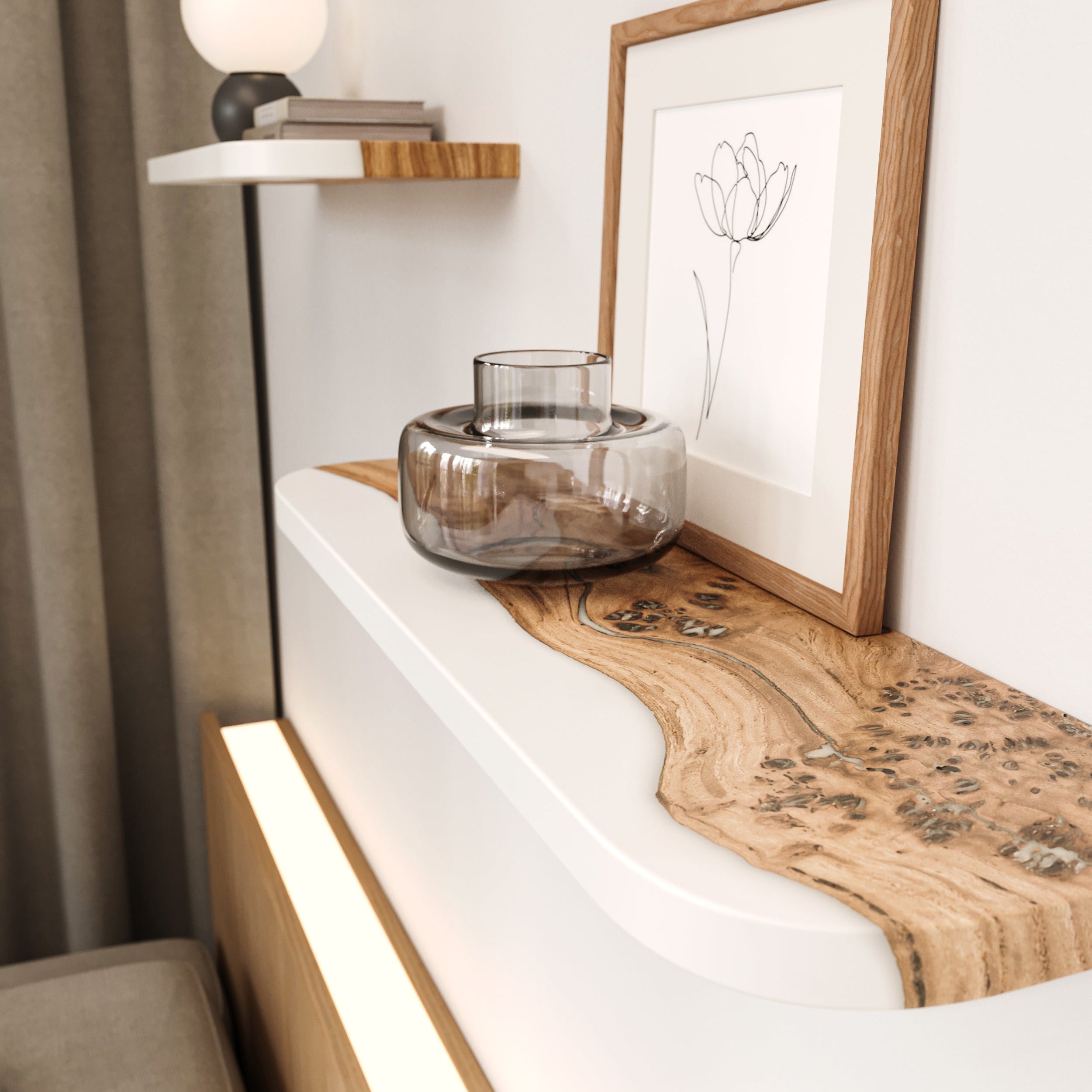 White Epoxy & Elm Wood - Live Edge Floating Shelf