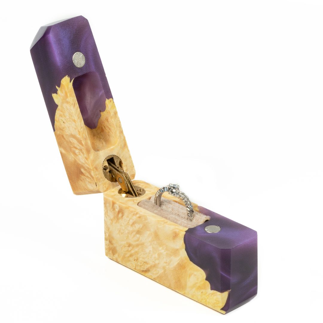 Artisan handcrafted purple epoxy and maple wood engagement ring box shown open with the lid beside it