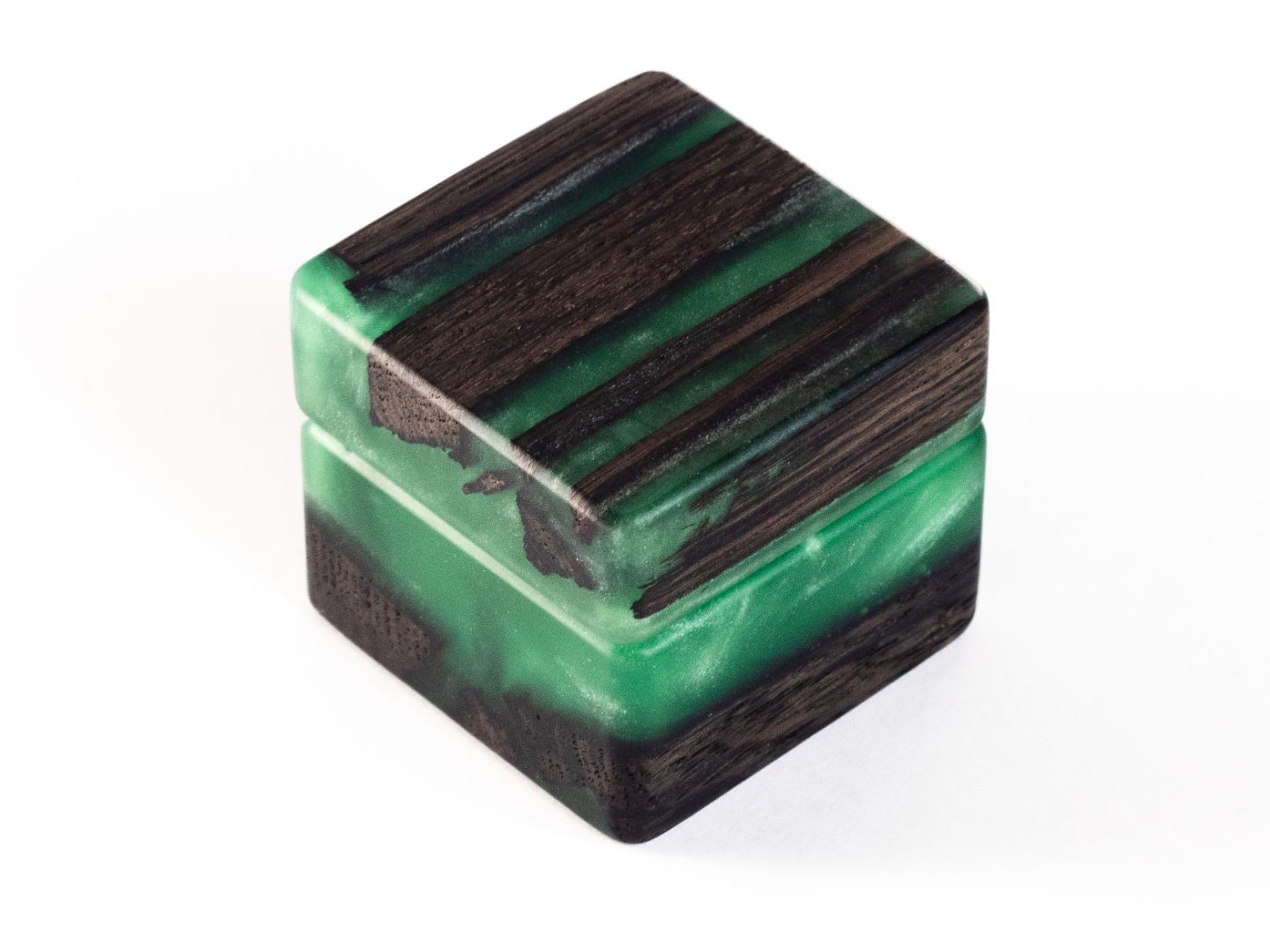 Closed engagement ring box made from green epoxy and bog oak wood, MUSE collection