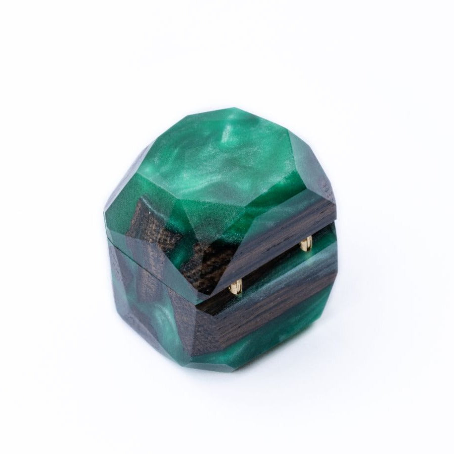 Closed engagement ring box crafted from green epoxy and bog oak wood, METEORITE collection