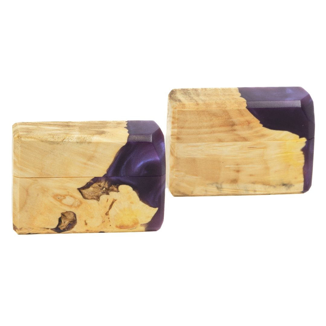 Closed engagement ring box crafted from purple epoxy and natural maple wood, FLASH collection