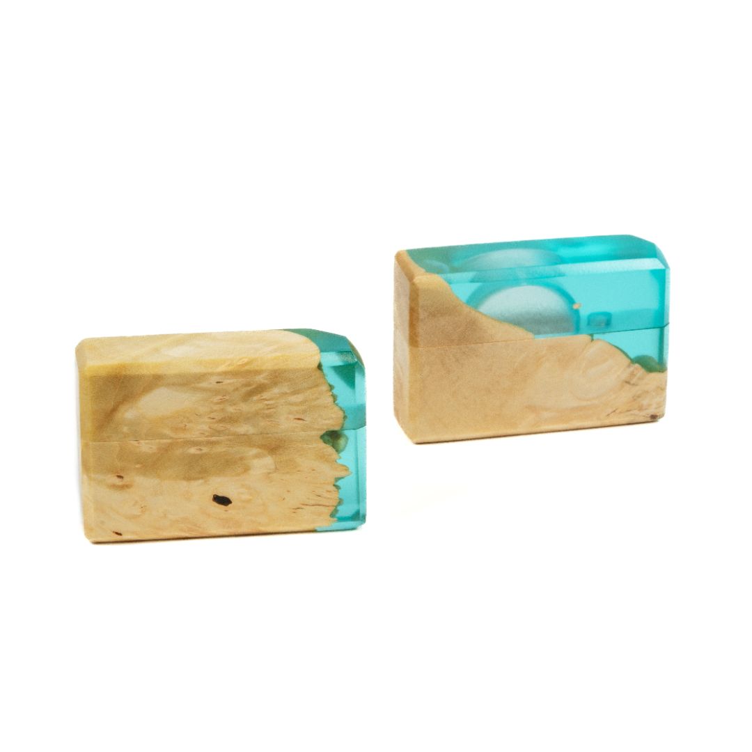 Closed proposal ring box crafted from aqua blue epoxy and natural maple wood, FLASH collection