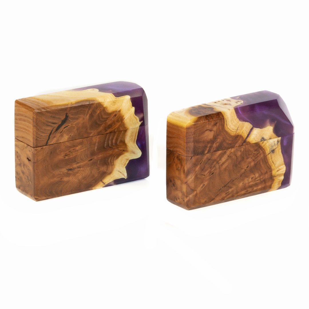Closed proposal ring box crafted from purple epoxy and natural elm wood, FLASH collection