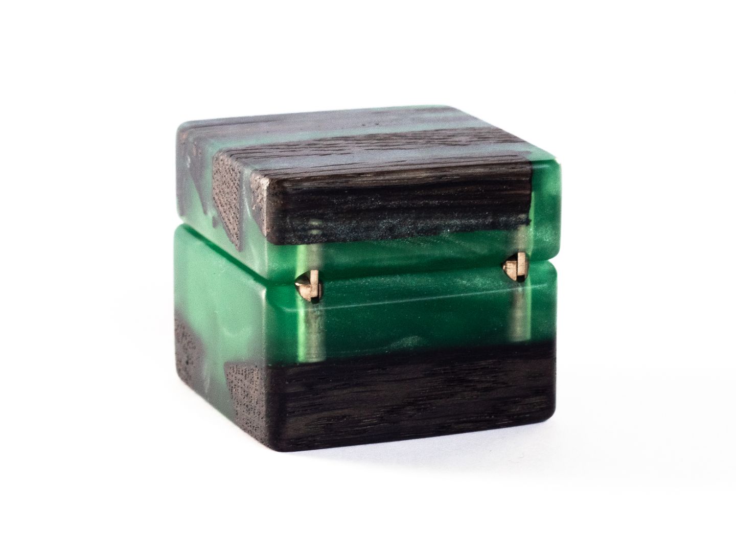 Compact closed engagement ring box featuring green epoxy and bog oak wood