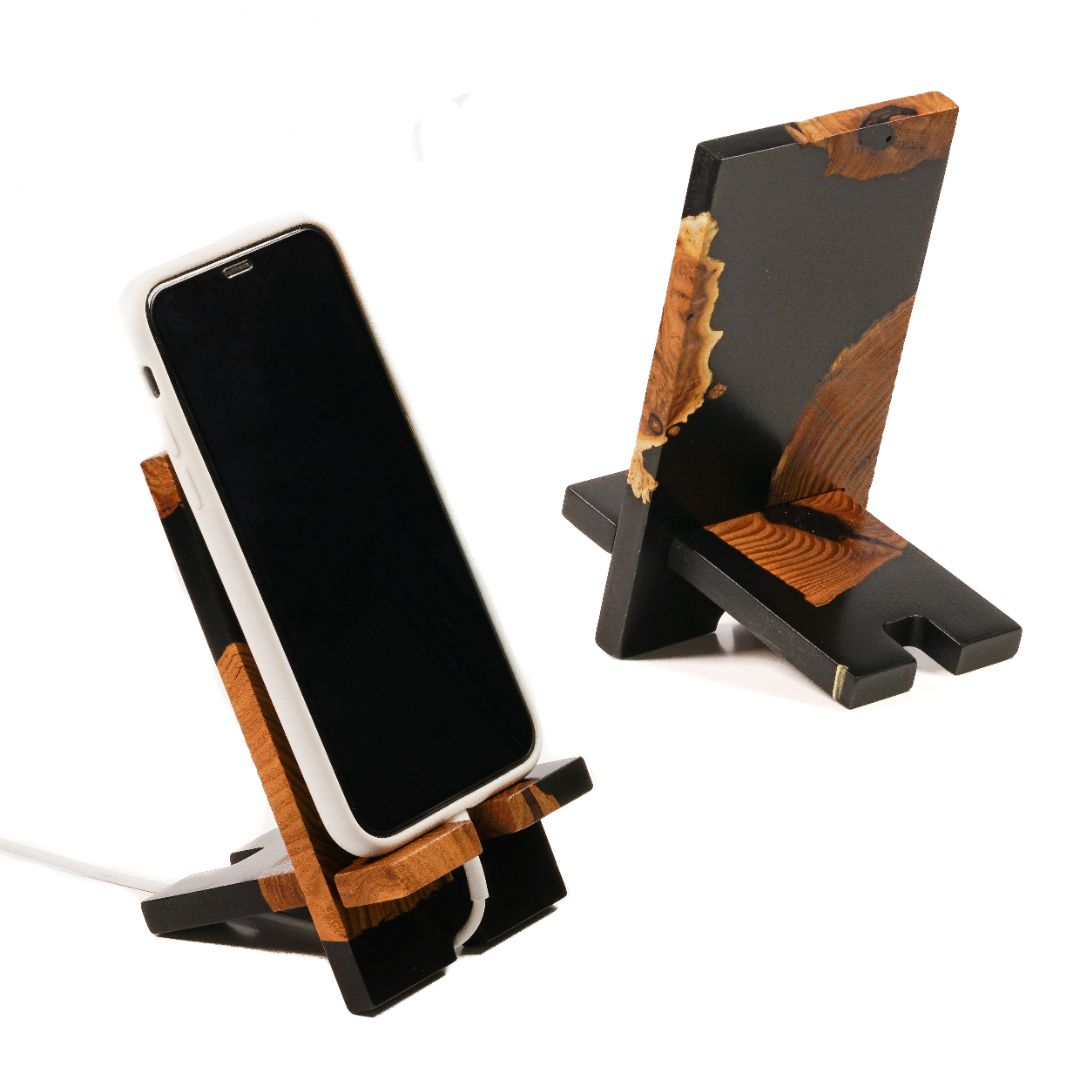 Black Epoxy Resin &  Dark Wood Phone Holder