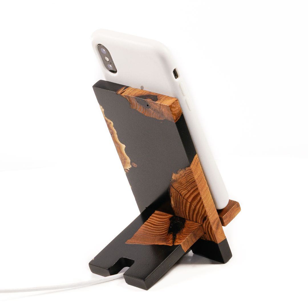 Black Epoxy Resin &  Dark Wood Phone Holder