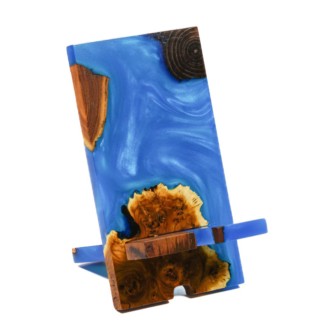 Blue Epoxy Resin &  Dark Wood Phone Holder