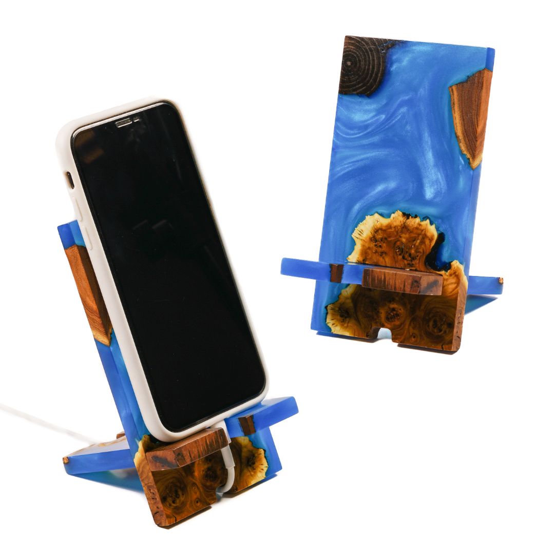 Blue Epoxy Resin &  Dark Wood Phone Holder