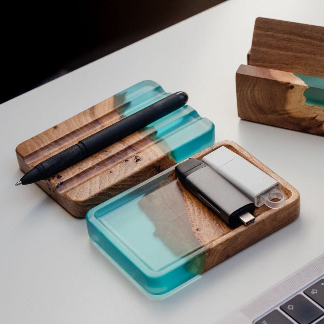 Wood & Resin Pen Holder ELEMENT – Elm Aqua Blue