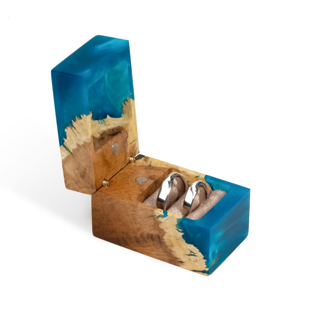 Wood & Resin Wedding Ring Box CHORD – Elm Blue