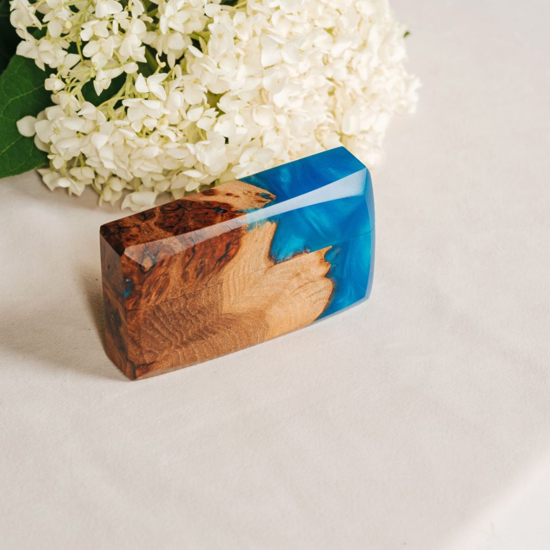 Wood & Resin Wedding Ring Box FLASH – Elm Blue