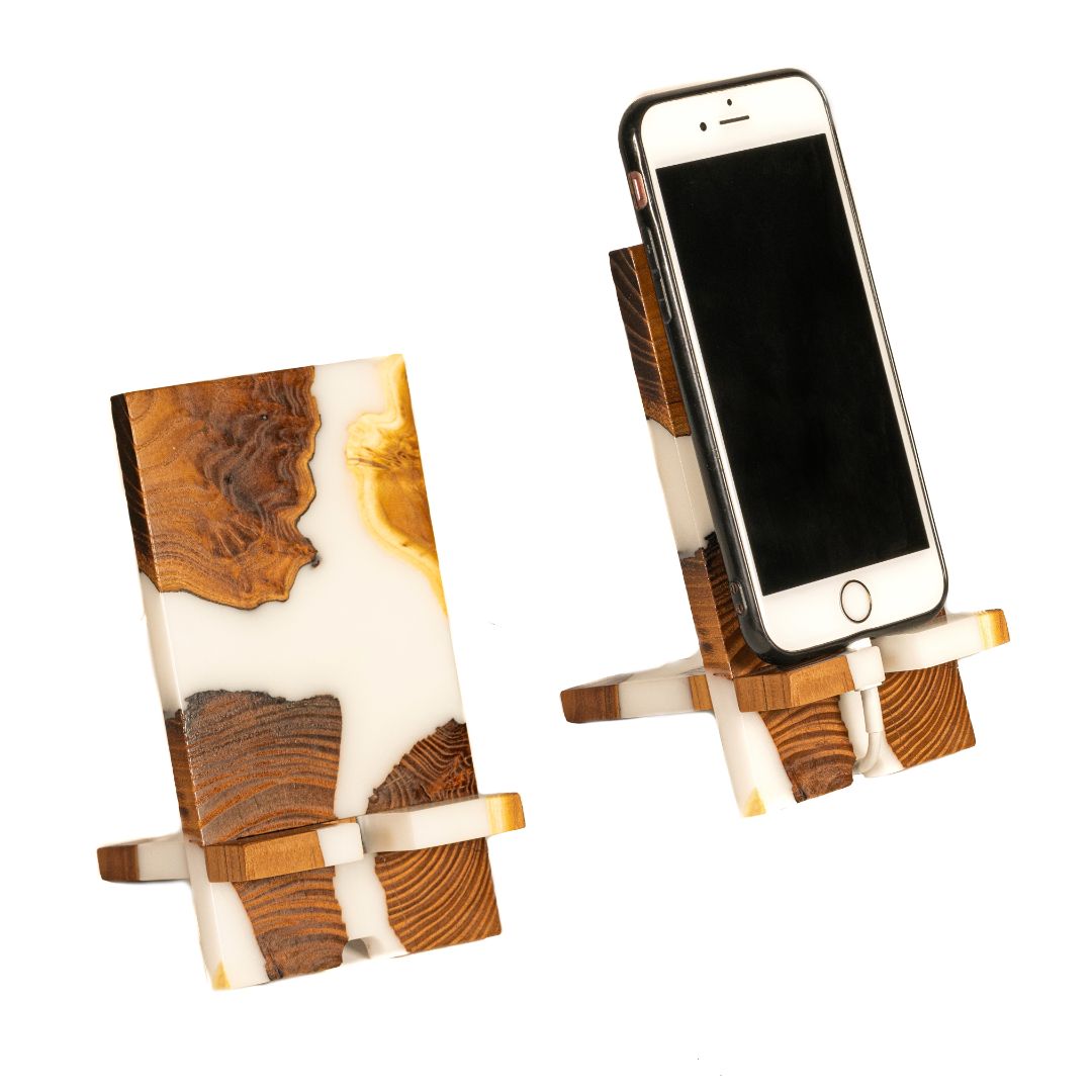 White Epoxy Resin & Dark Wood Phone Holder