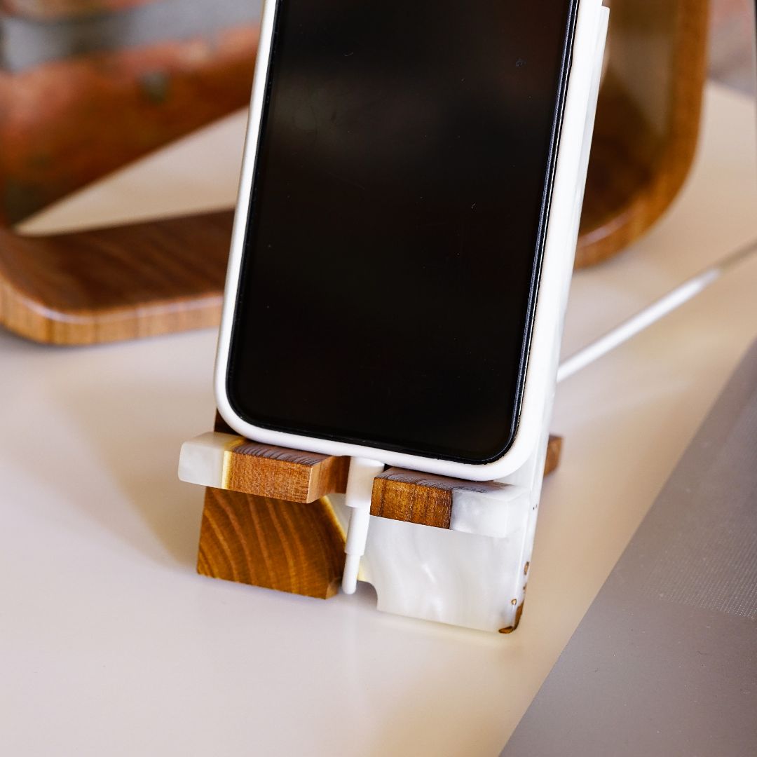 Platinum Epoxy Resin & Dark Wood Phone Holder