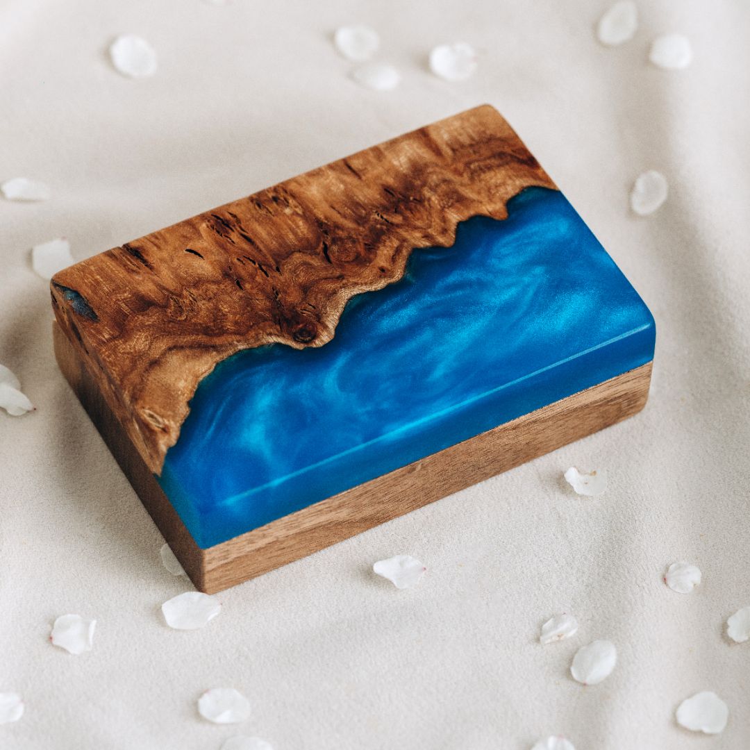 Wood & Resin Wedding Ring Box PIANO – Elm Blue