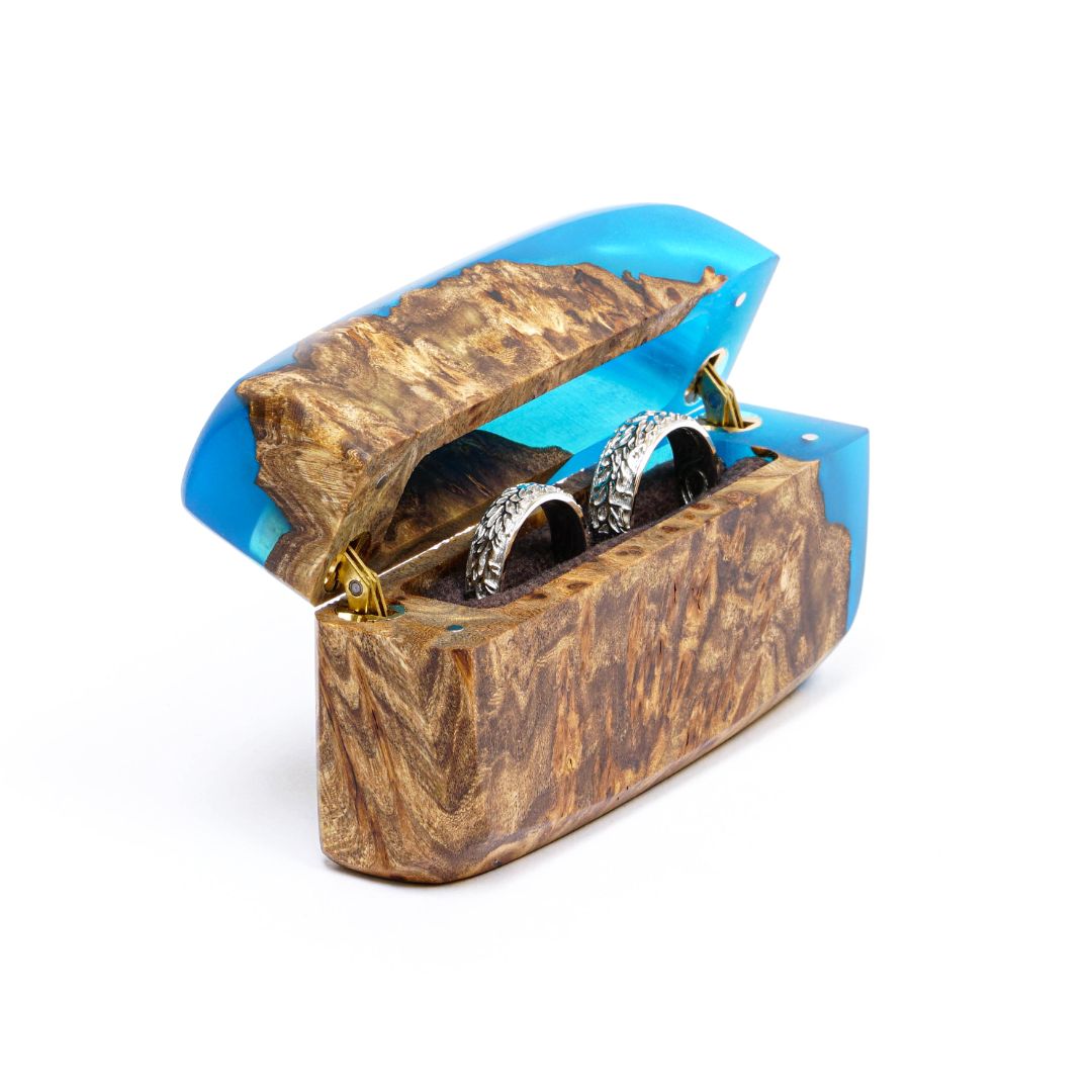 Wood & Resin Wedding Ring Box FLASH – Elm Blue