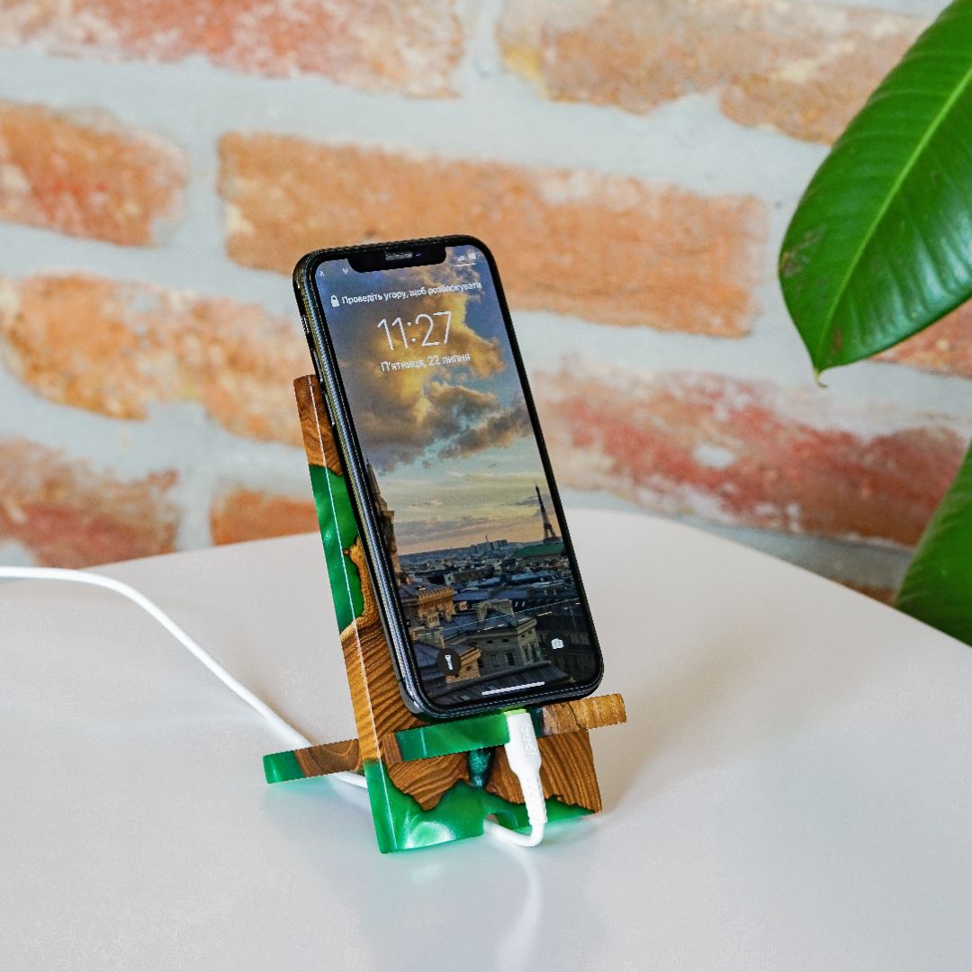 Green Epoxy Resin &  Dark Wood Phone Holder