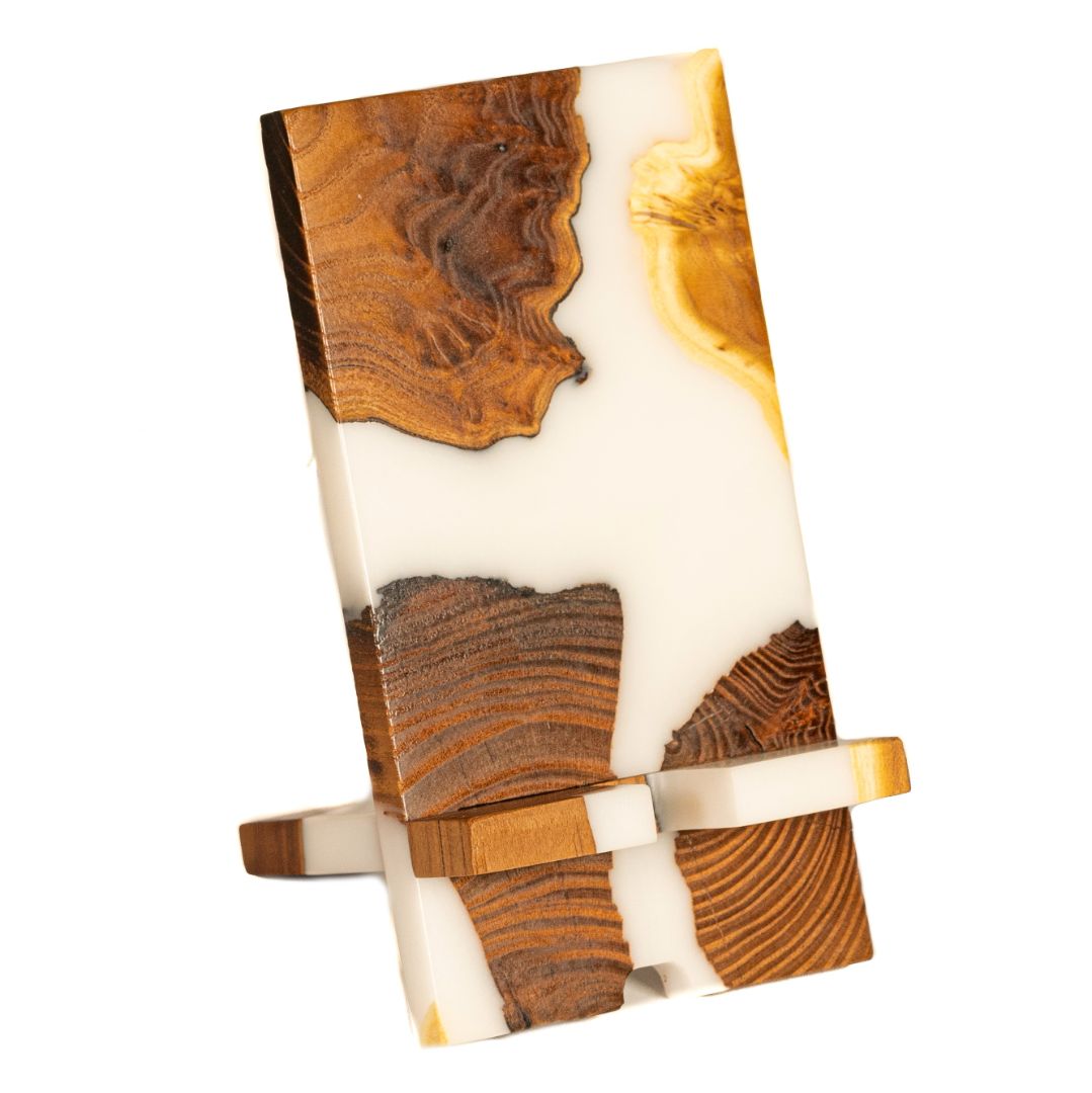 White Epoxy Resin & Dark Wood Phone Holder