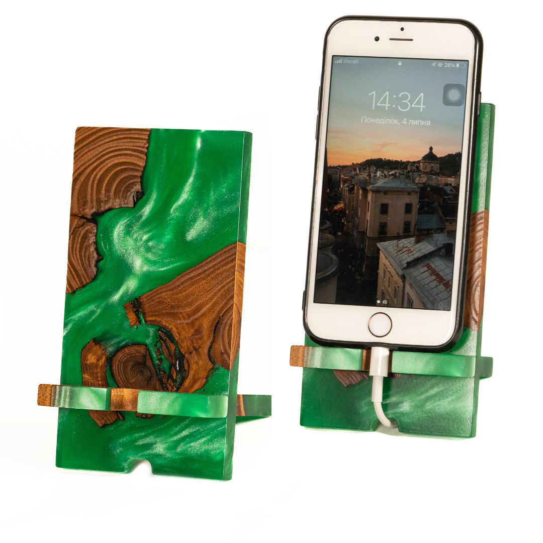 Green Epoxy Resin &  Dark Wood Phone Holder