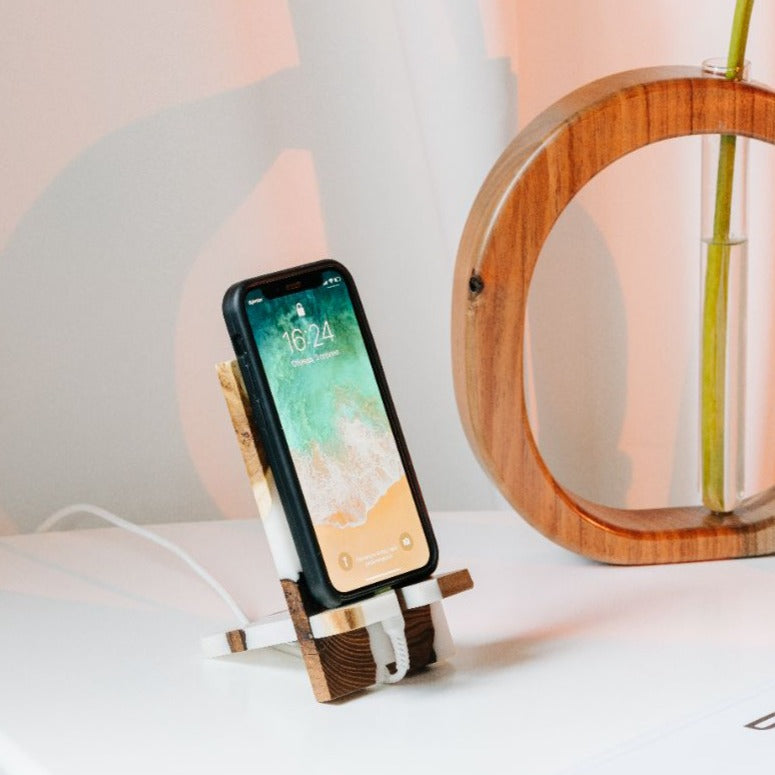 White Epoxy Resin & Dark Wood Phone Holder