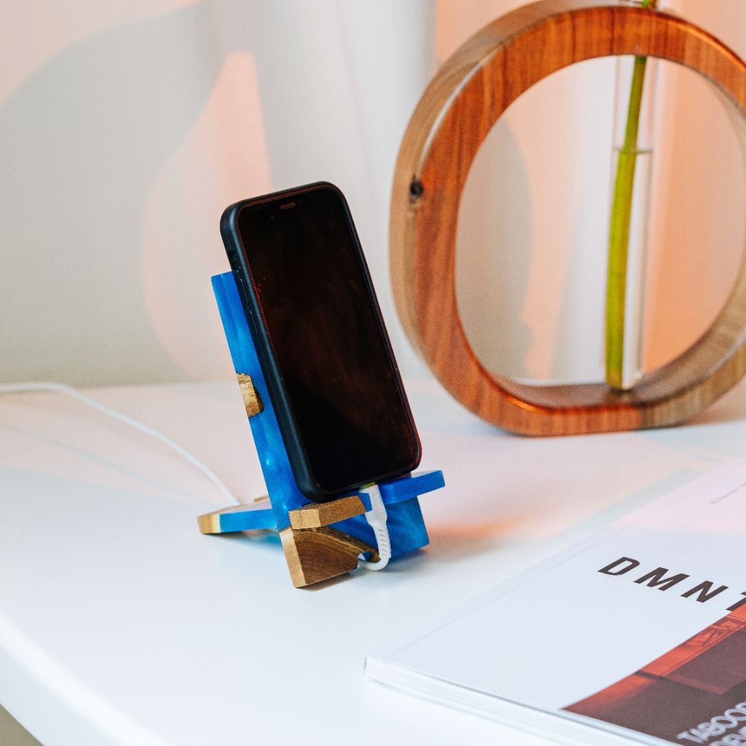 Blue Epoxy Resin &  Dark Wood Phone Holder