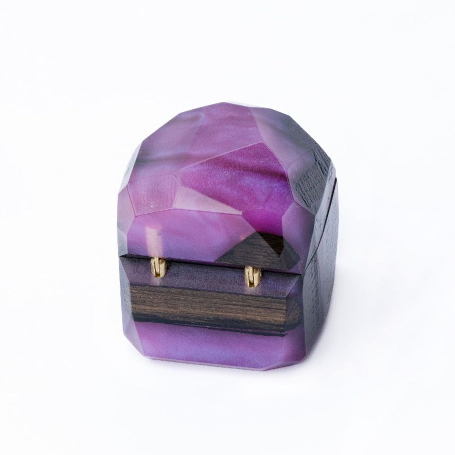 Front view of the closed purple epoxy and bog oak wood proposal ring box