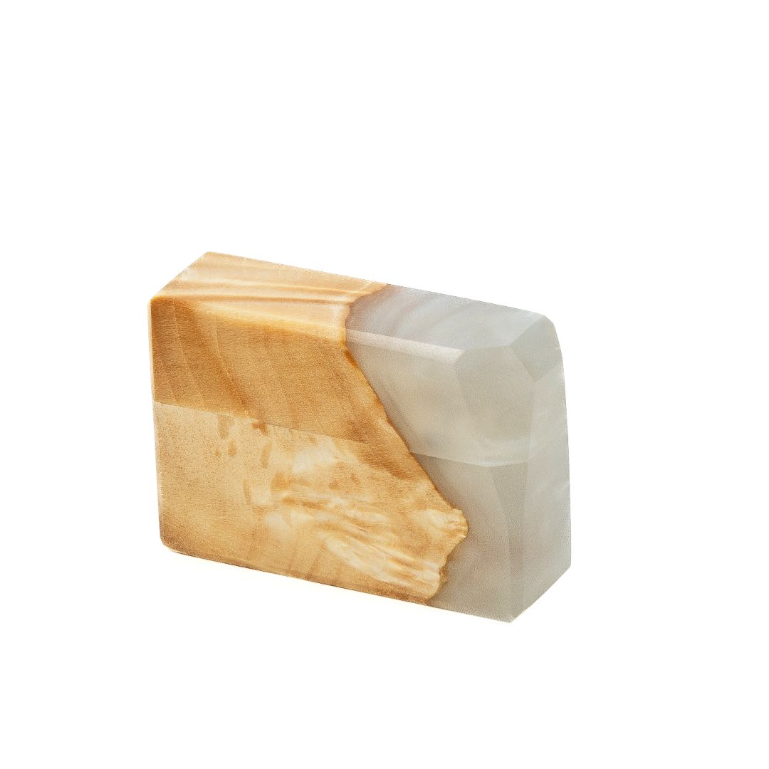 Modern closed platinum epoxy and maple wood engagement ring box showcasing the natural maple grain